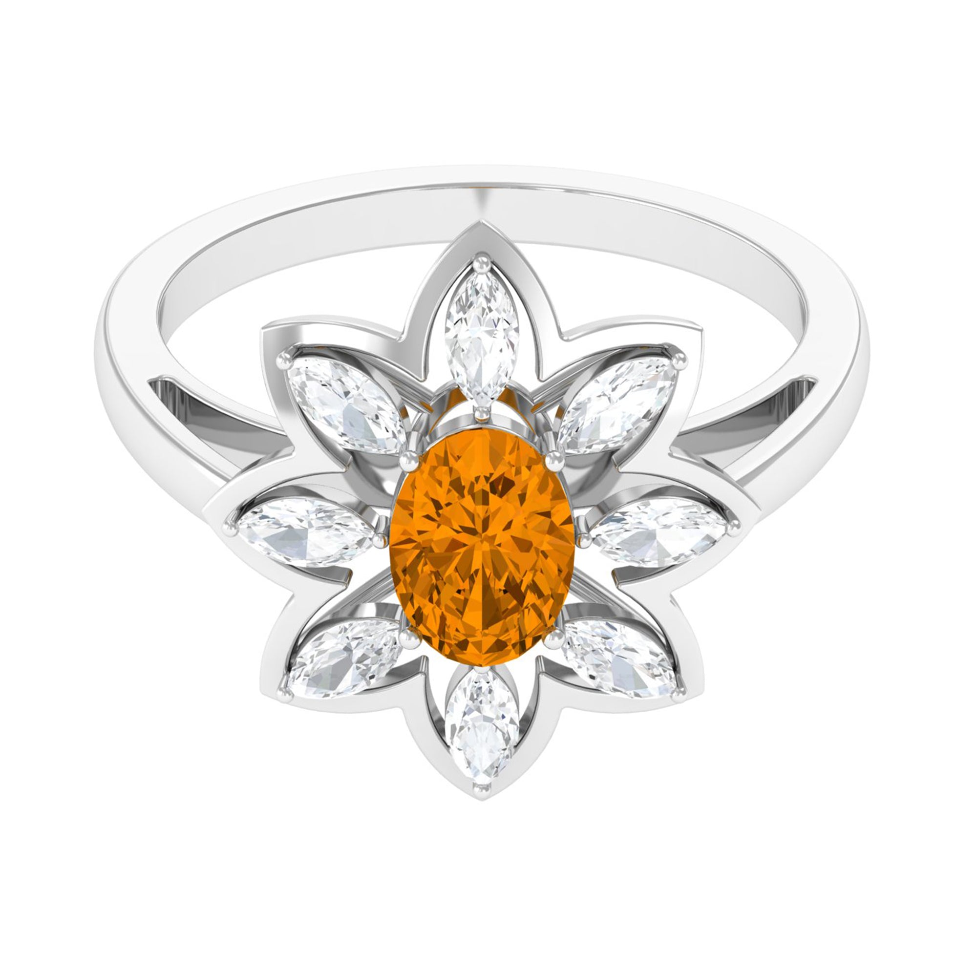 1 Carat Oval Cut Citrine Flower Engagement Ring with Diamond Stones