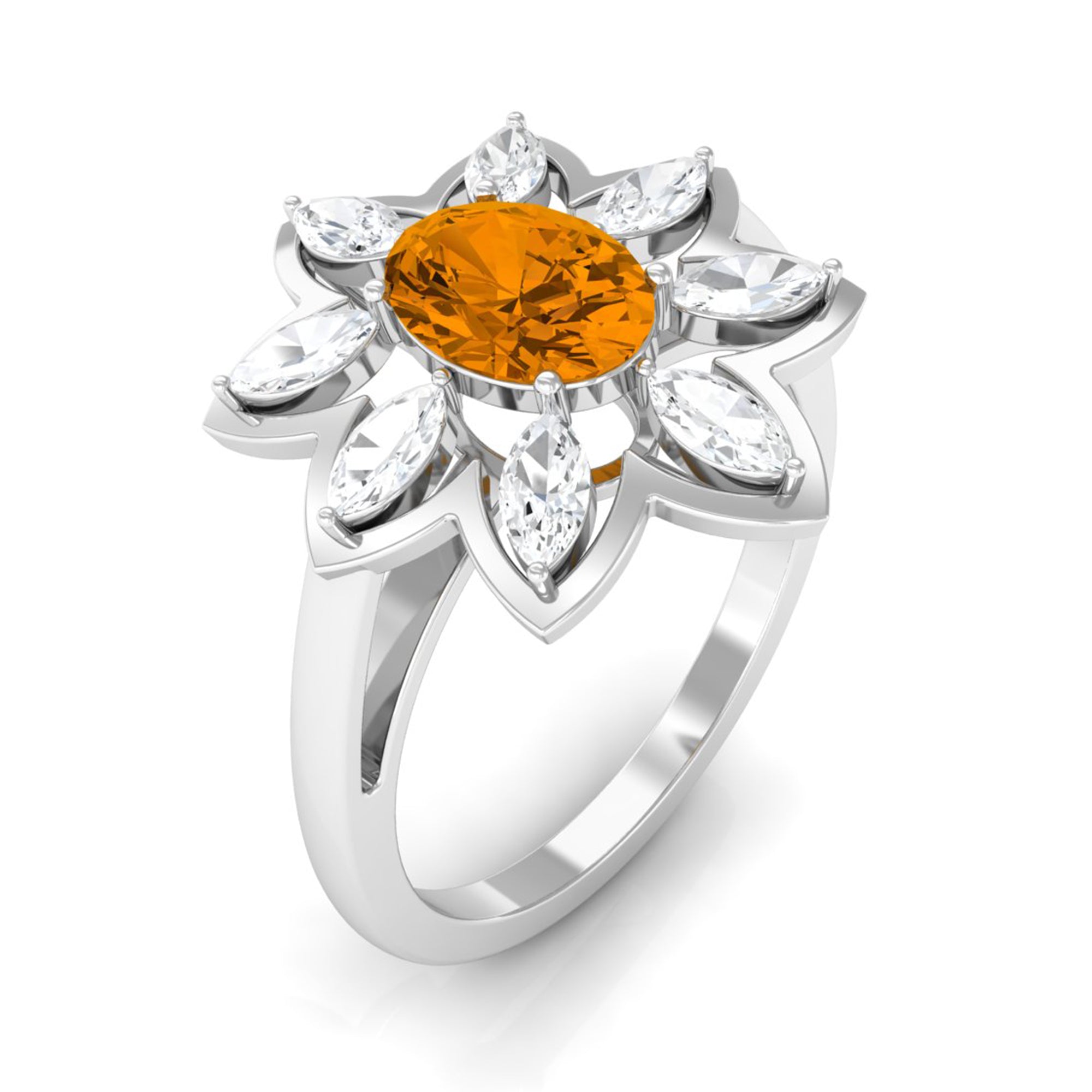 1 Carat Oval Cut Citrine Flower Engagement Ring with Diamond Stones