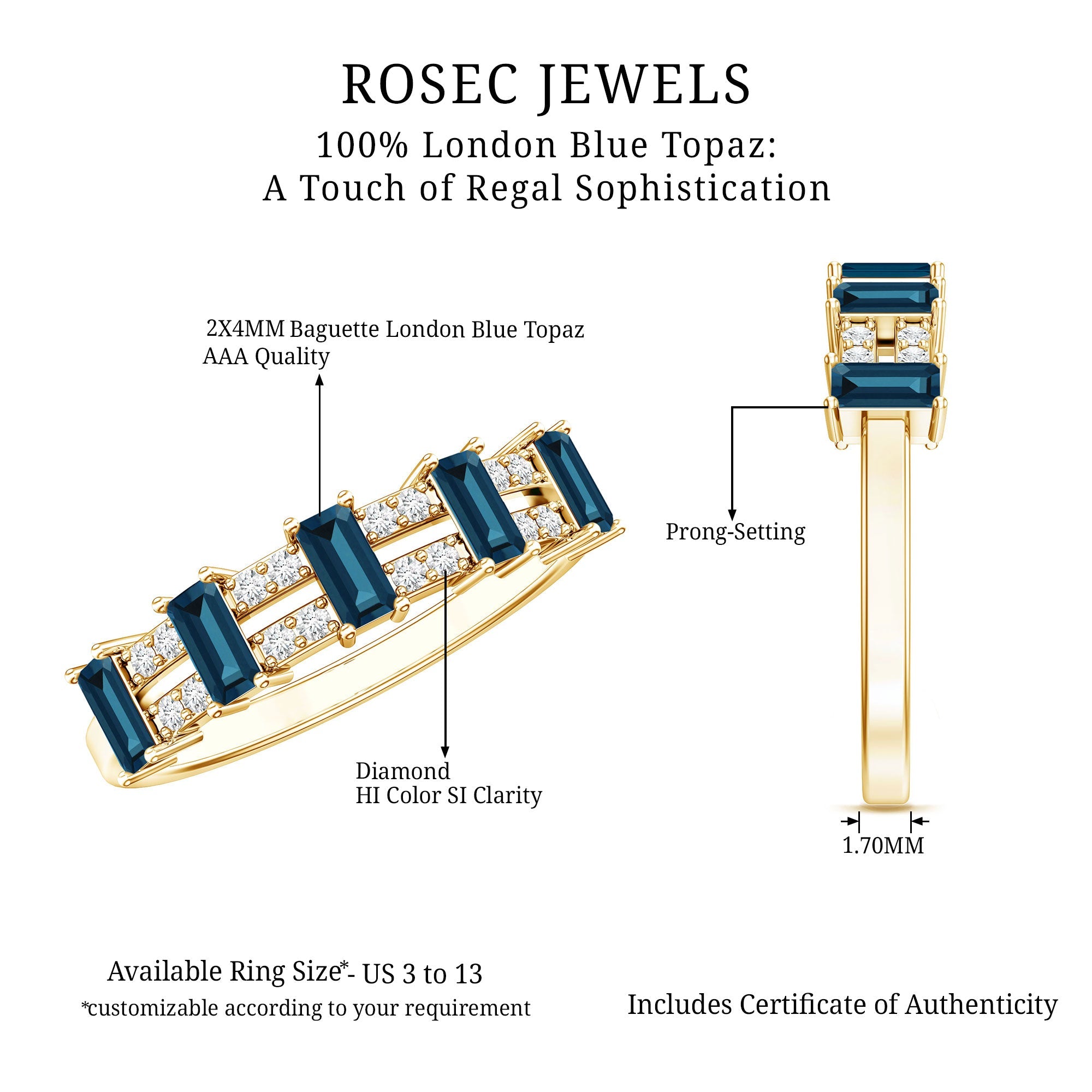 Baguette London Blue Topaz Half Eternity Band with Diamond