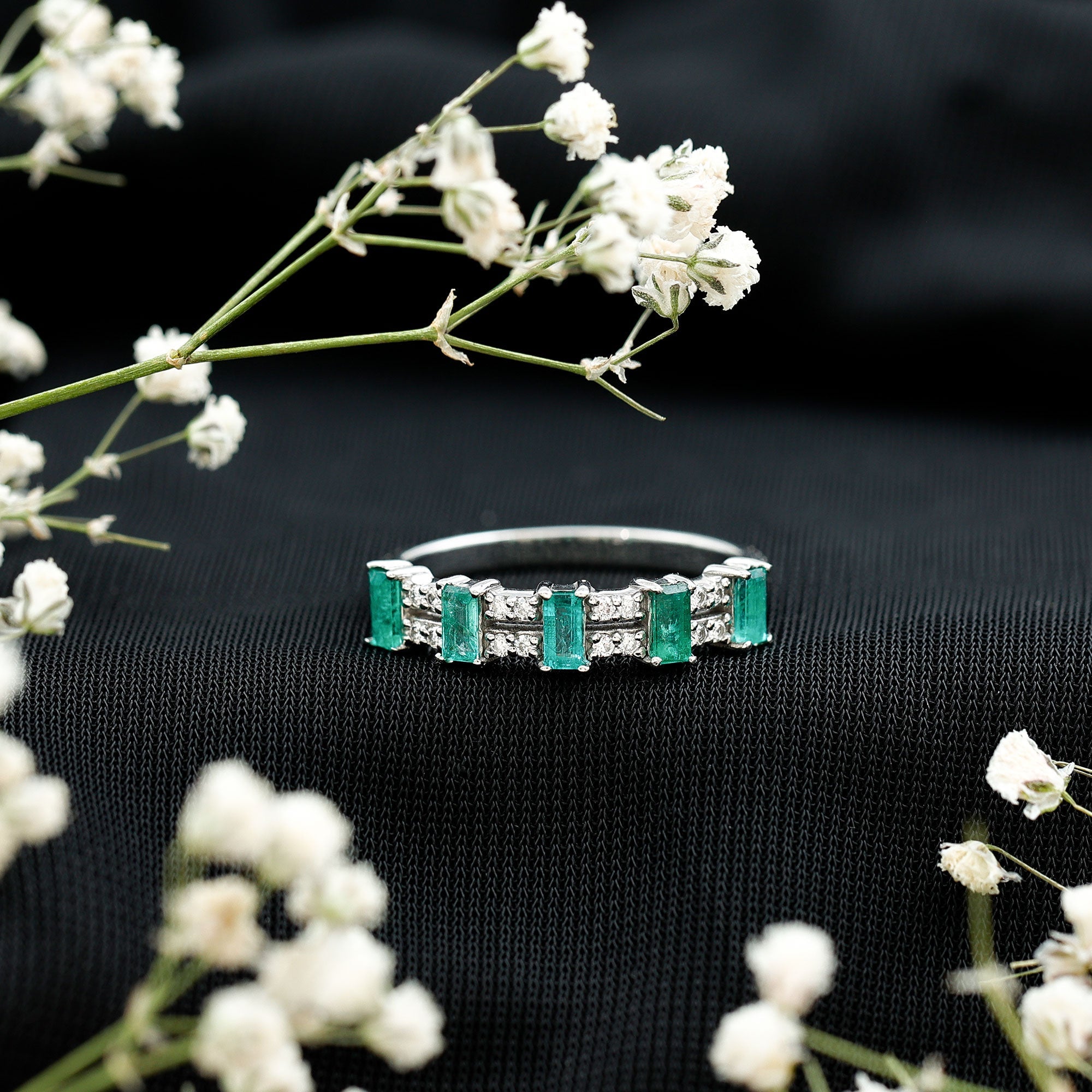 Baguette Cut Emerald and Diamond Half Eternity Band