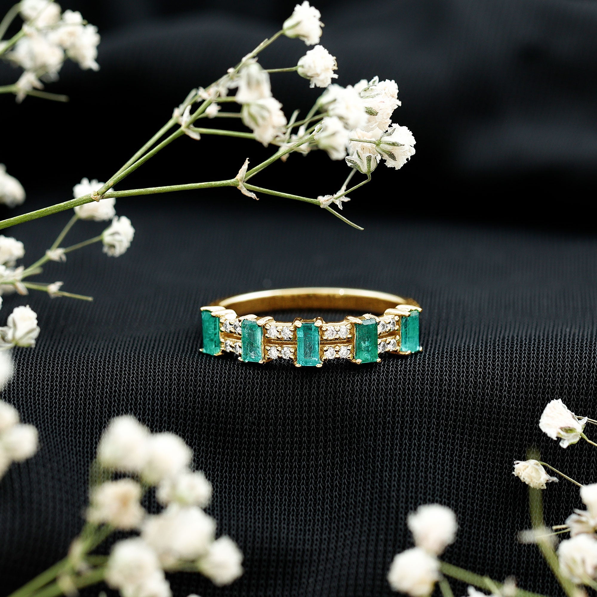 Baguette Cut Emerald and Diamond Half Eternity Band