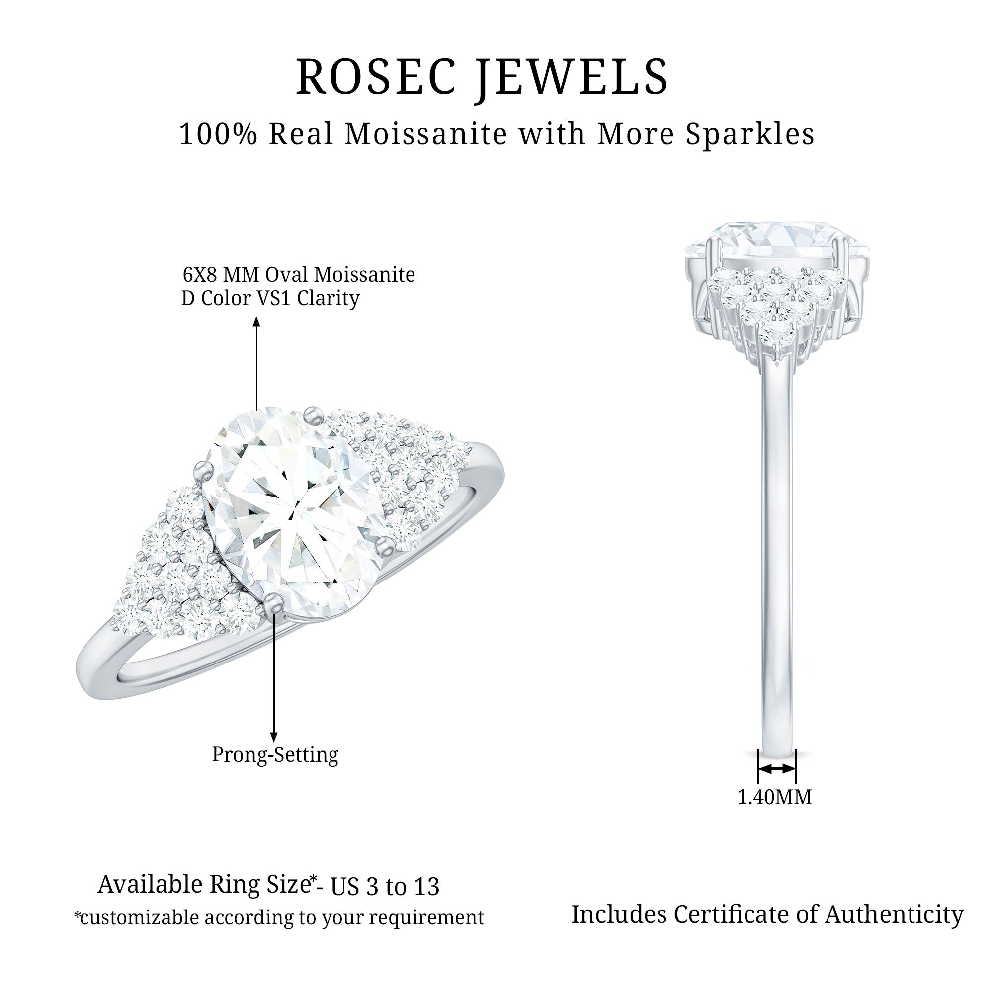 1.2 Carat Oval Moissanite Engagement Ring with Cluster Side Stones