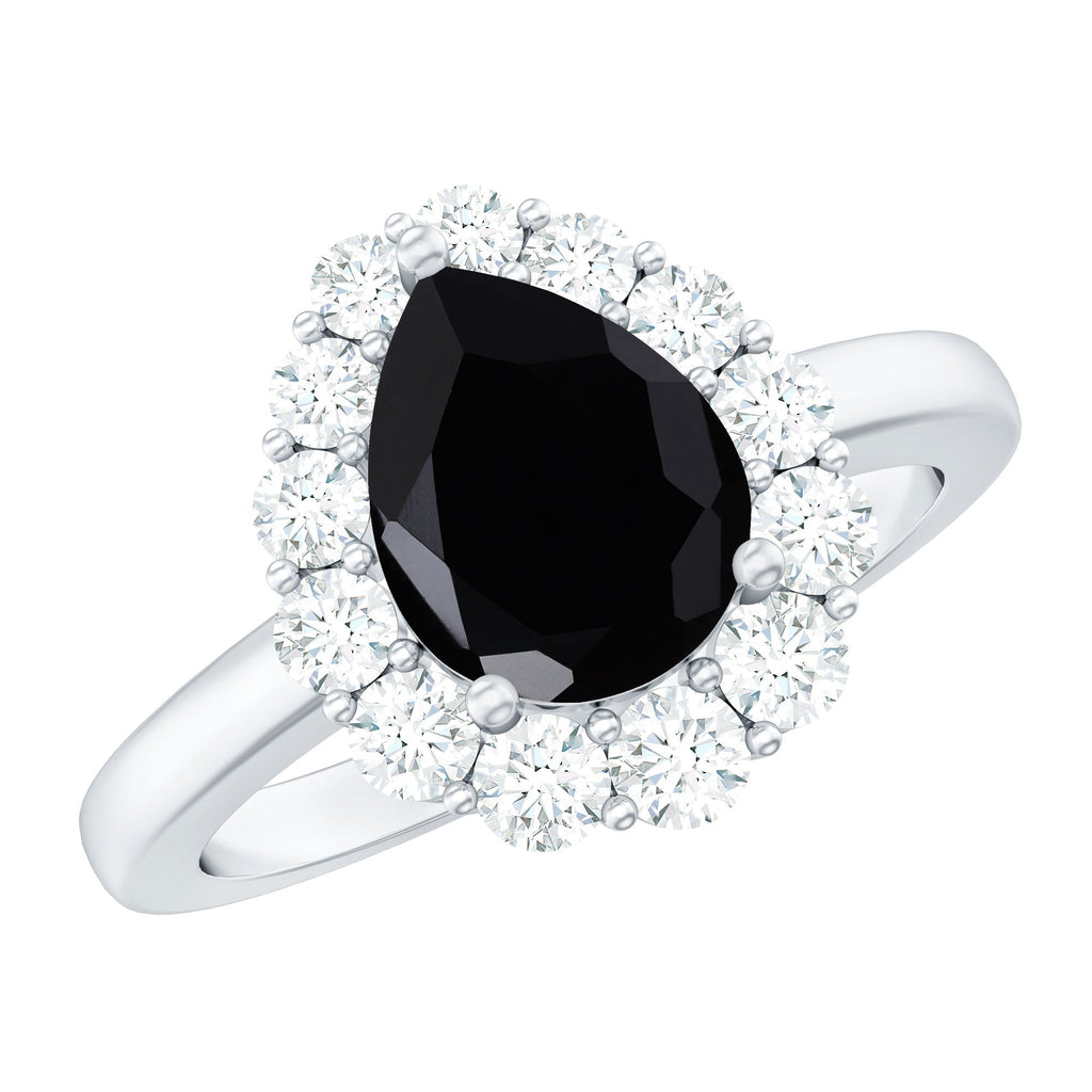 Certified Genuine 1.7 Carat Black Spinel Teardrop Engagement Ring with Diamond Halo