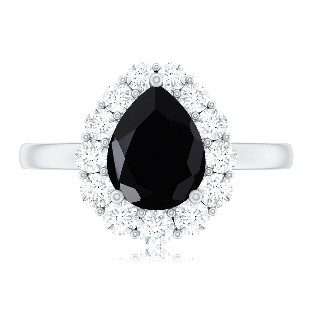 Certified Genuine 1.7 Carat Black Spinel Teardrop Engagement Ring with Diamond Halo