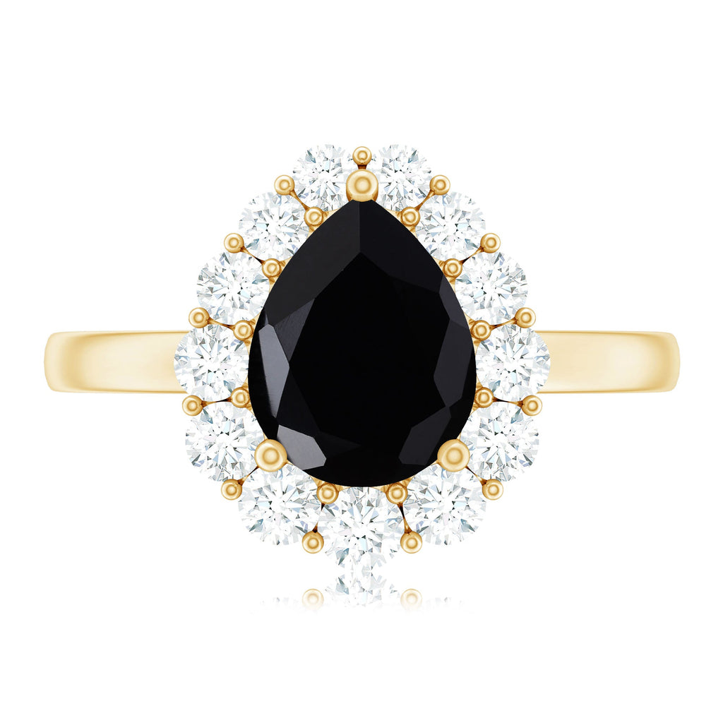 Certified Genuine 1.7 Carat Black Spinel Teardrop Engagement Ring with Diamond Halo