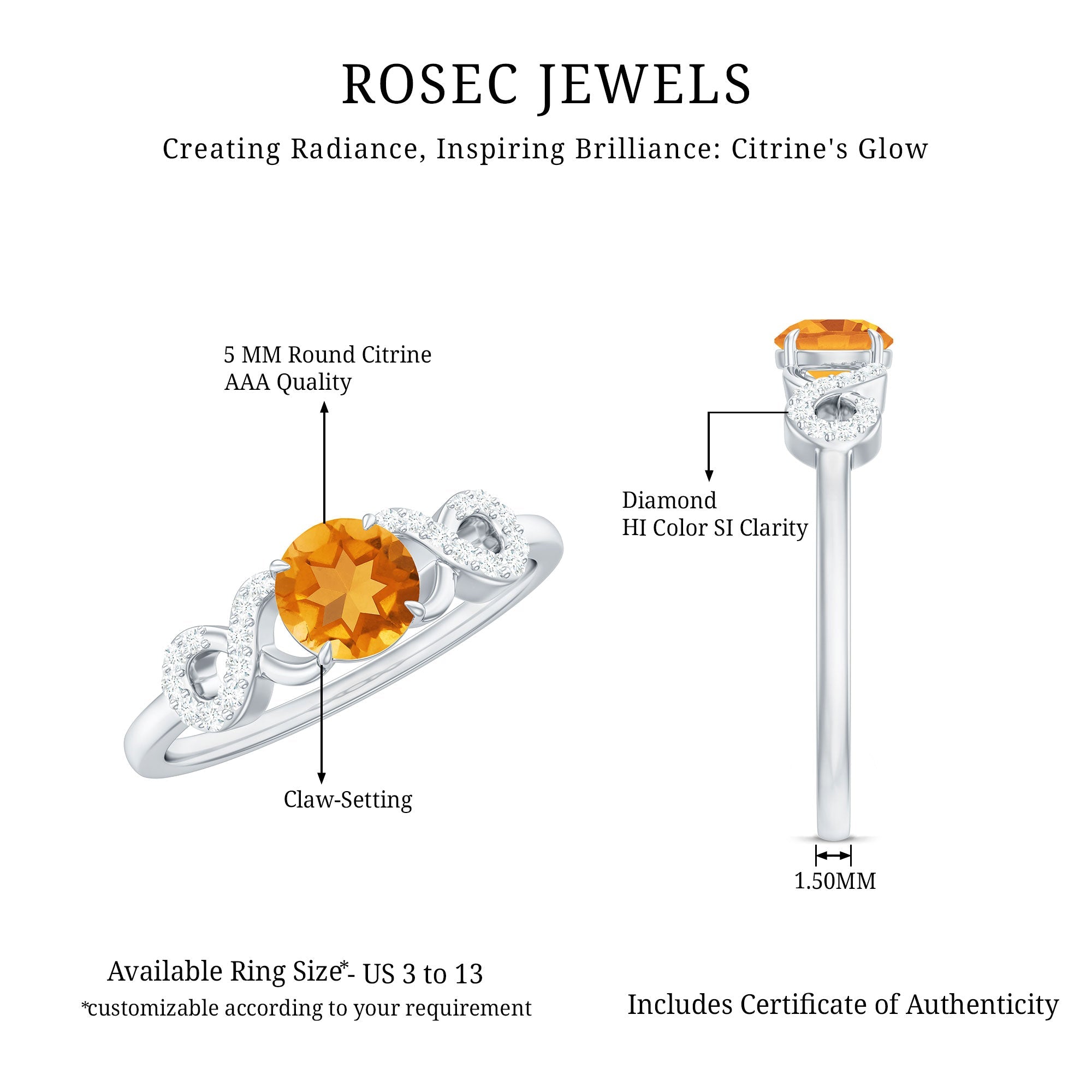 Certified Natural Citrine Infinity Promise Ring with Diamonds