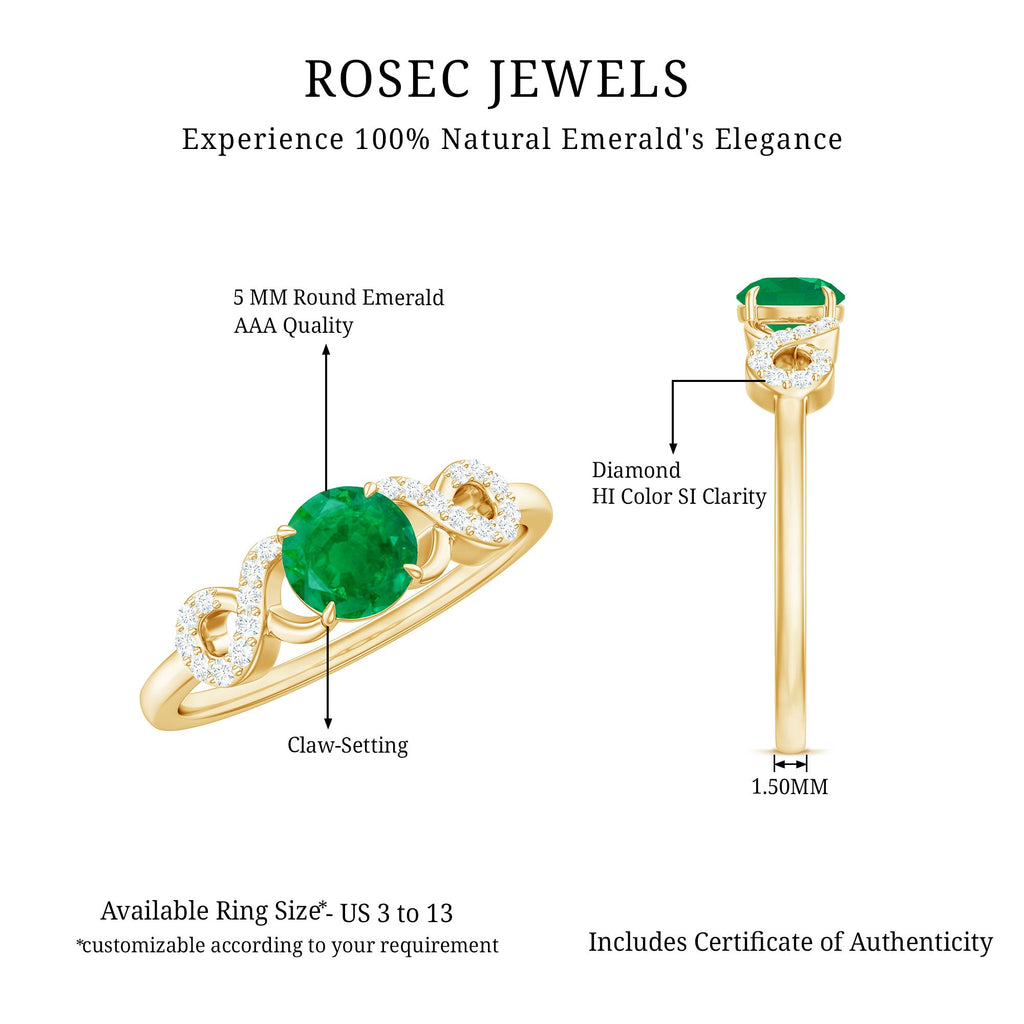 Real Emerald Diamond Promise Engagement Ring with Criss Cross Shank
