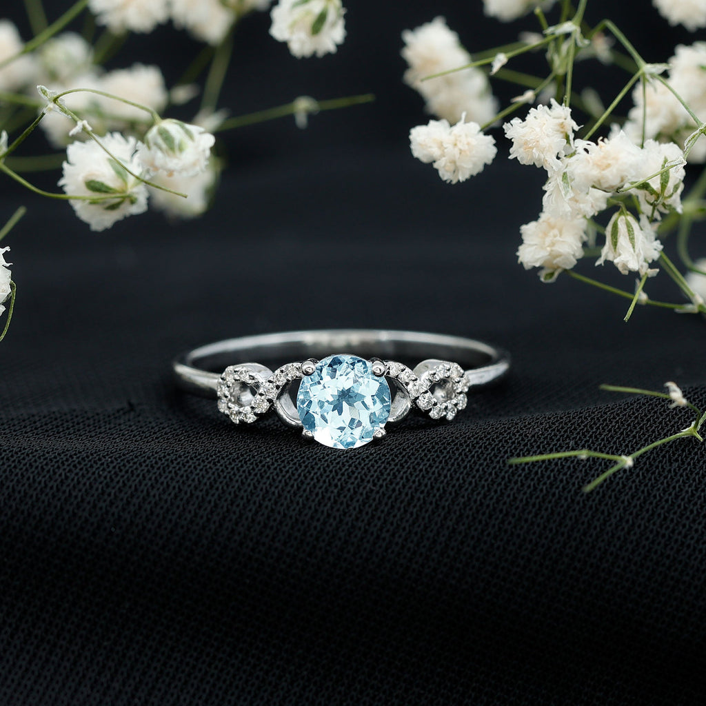 Round Shape Aquamarine and Diamond Infinity Engagement Ring