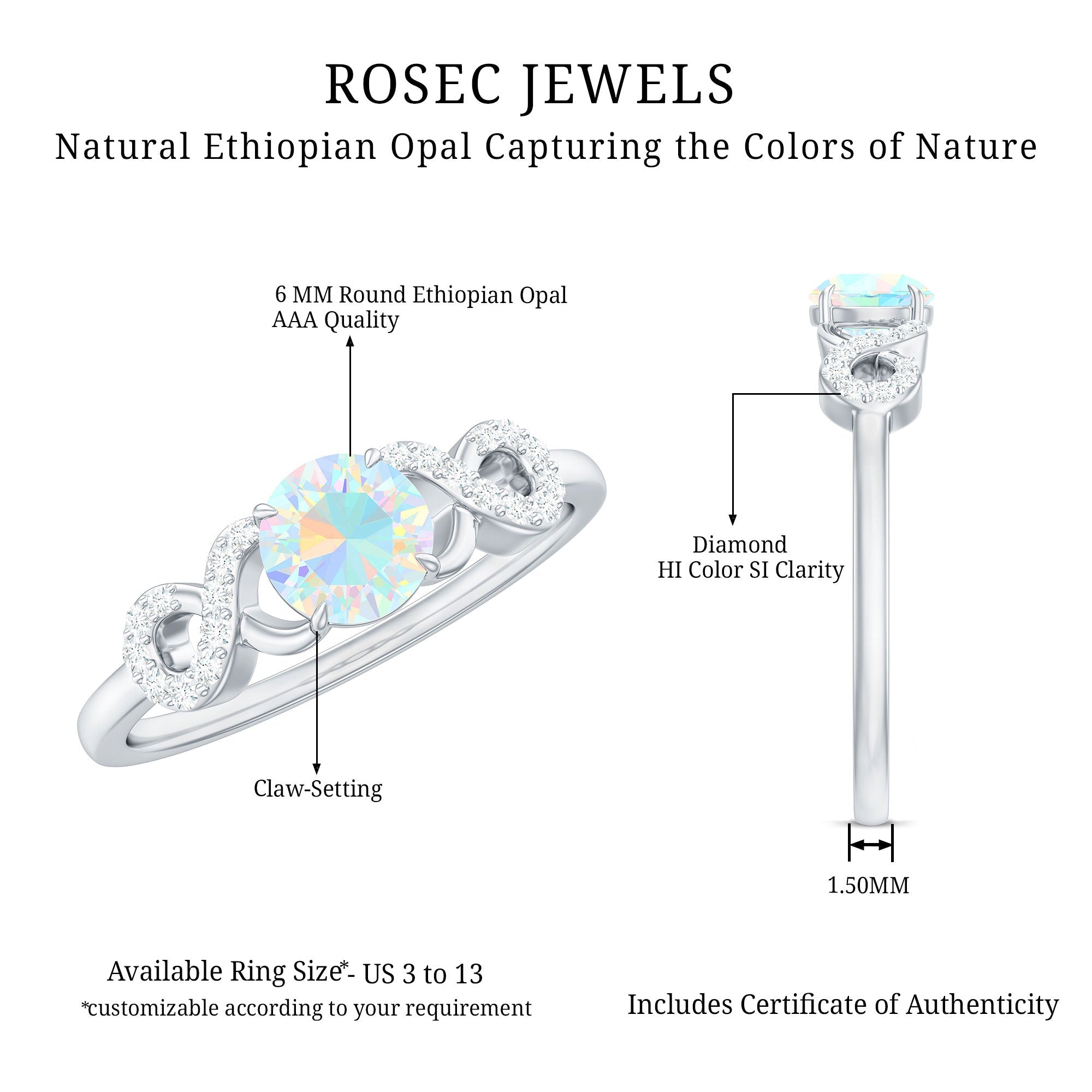 Certified Real Ethiopian Rainbow Opal Diamond Engagement Ring with Criss Cross Shank