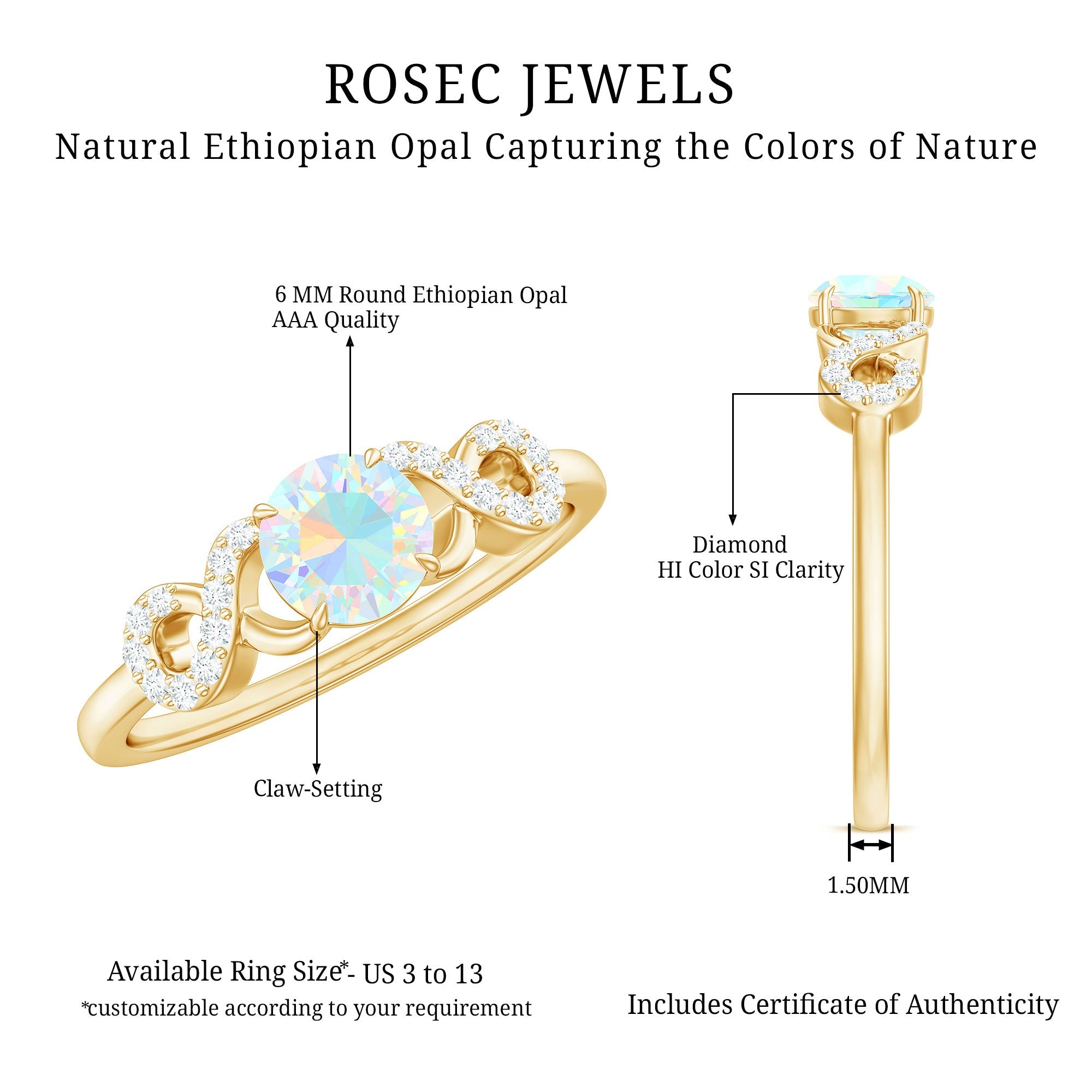 Certified Real Ethiopian Rainbow Opal Diamond Engagement Ring with Criss Cross Shank