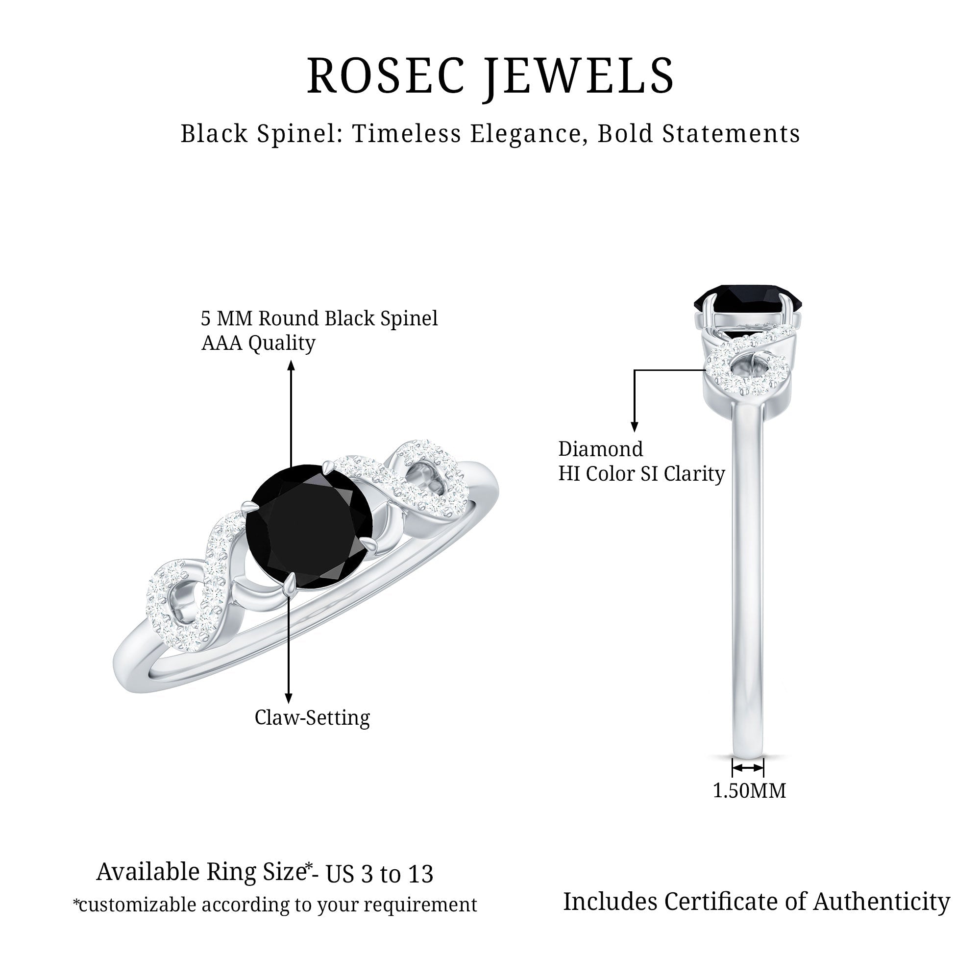 Natural Black Spinel Promise Ring with Diamond Infinity Knot