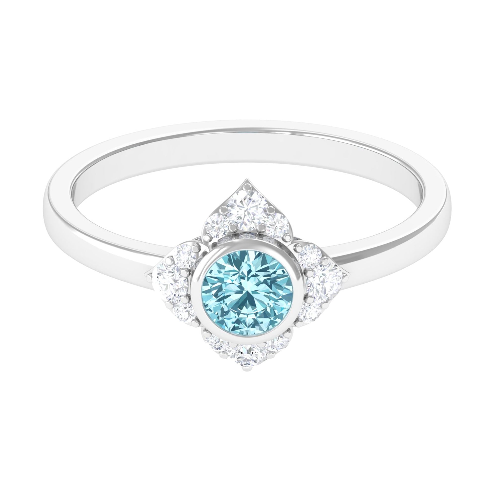 Bezel Set Aquamarine and Diamond Flower Engagement Ring with Certificate