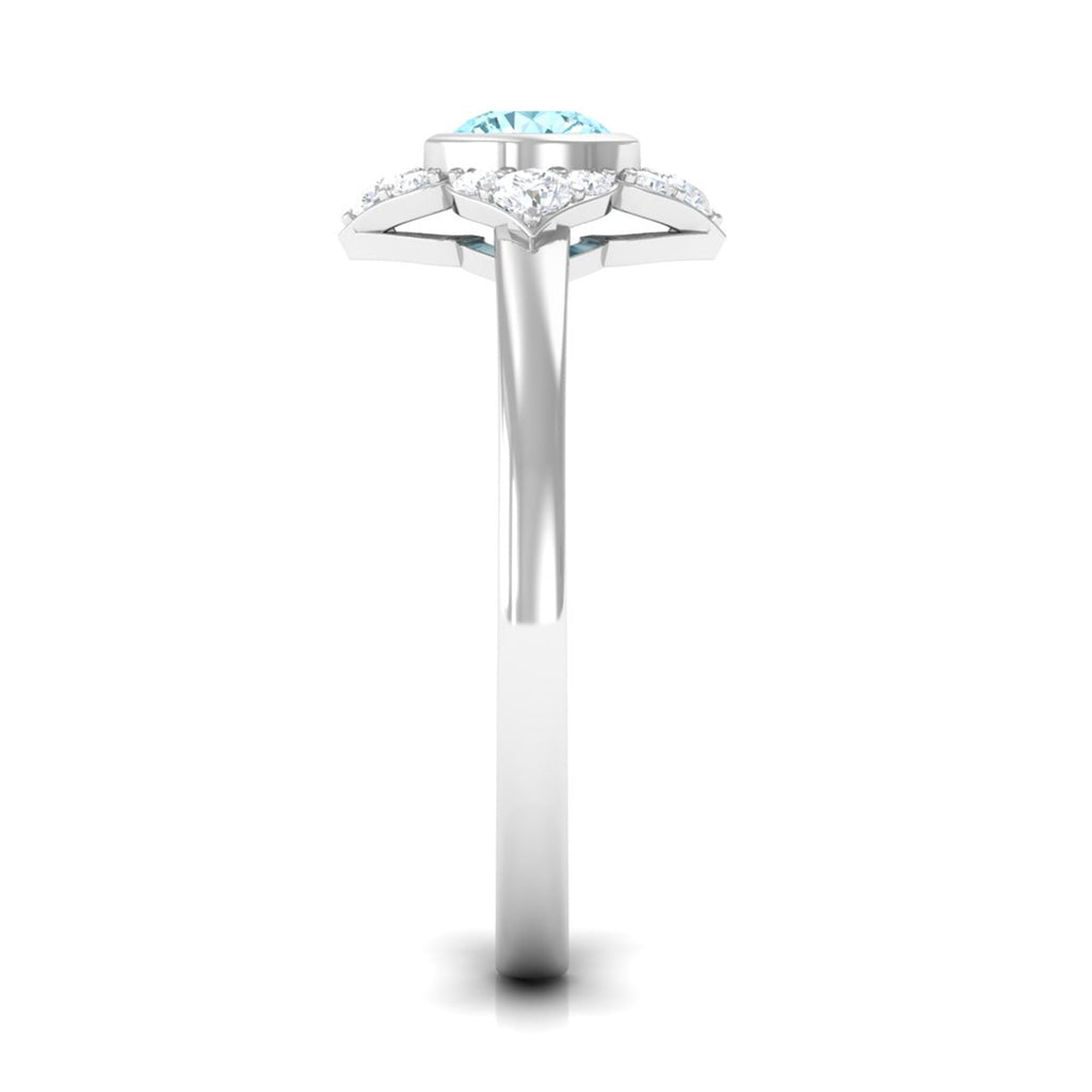 Bezel Set Aquamarine and Diamond Flower Engagement Ring with Certificate