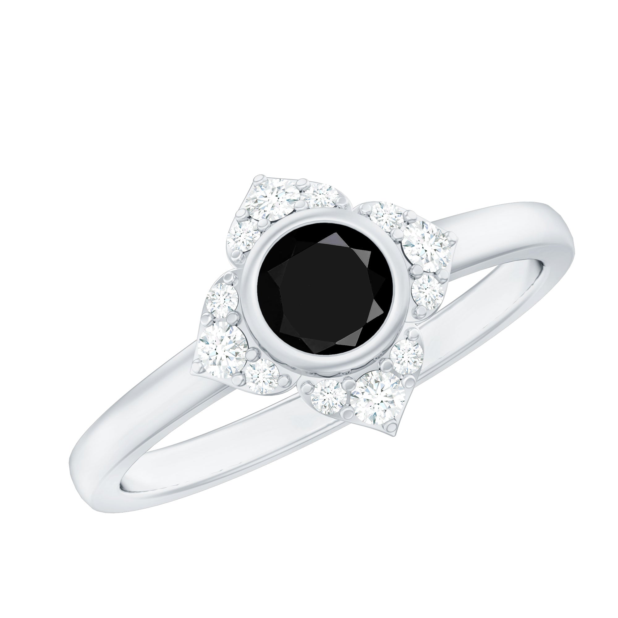 Real Bezel Set Black Spinel Flower Engagement Ring with Diamond