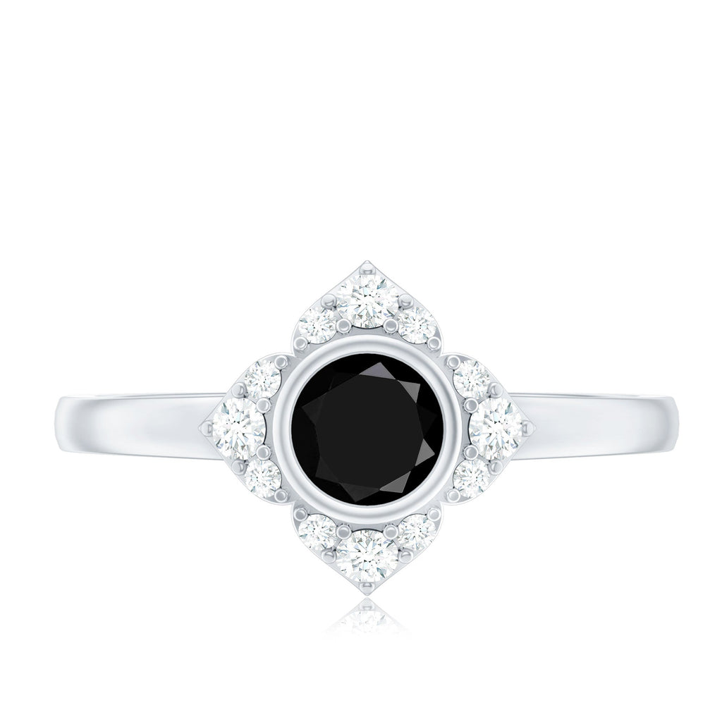 Real Bezel Set Black Spinel Flower Engagement Ring with Diamond