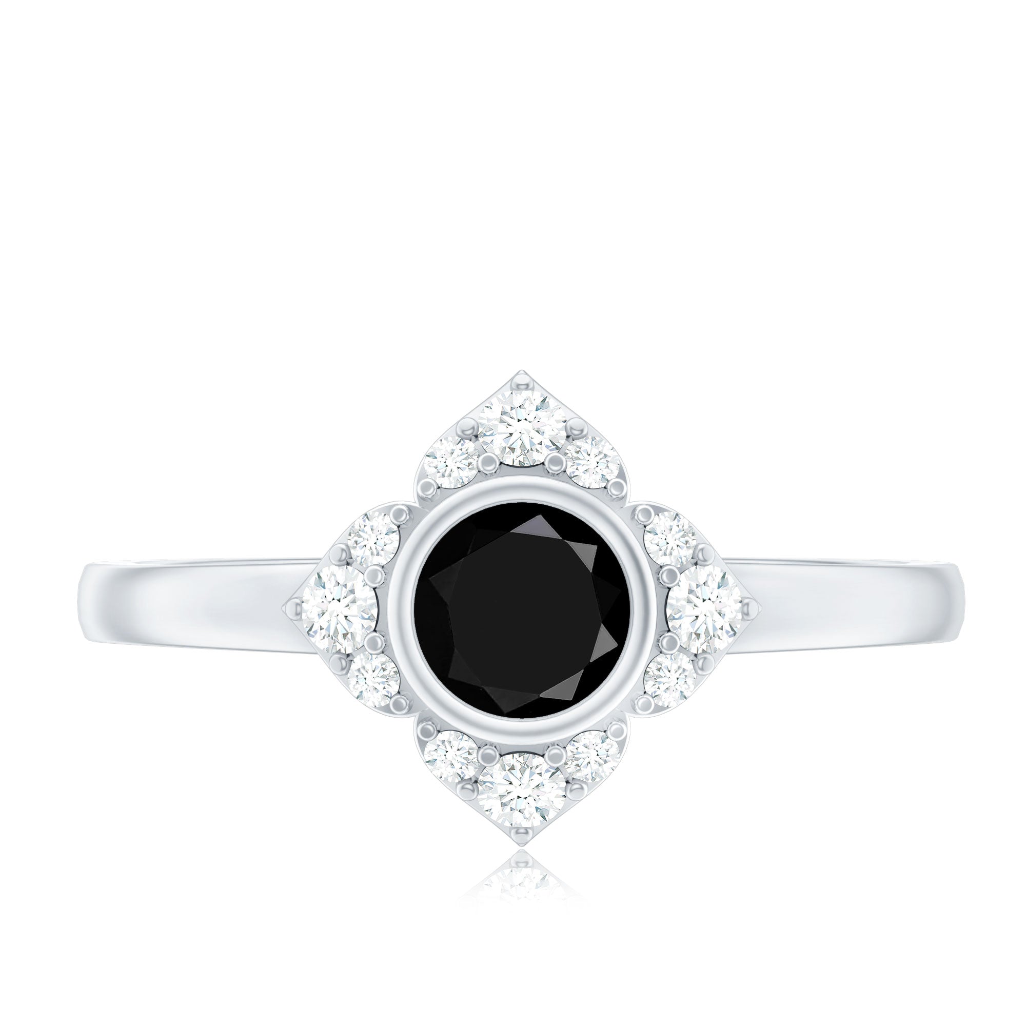 Real Bezel Set Black Spinel Flower Engagement Ring with Diamond