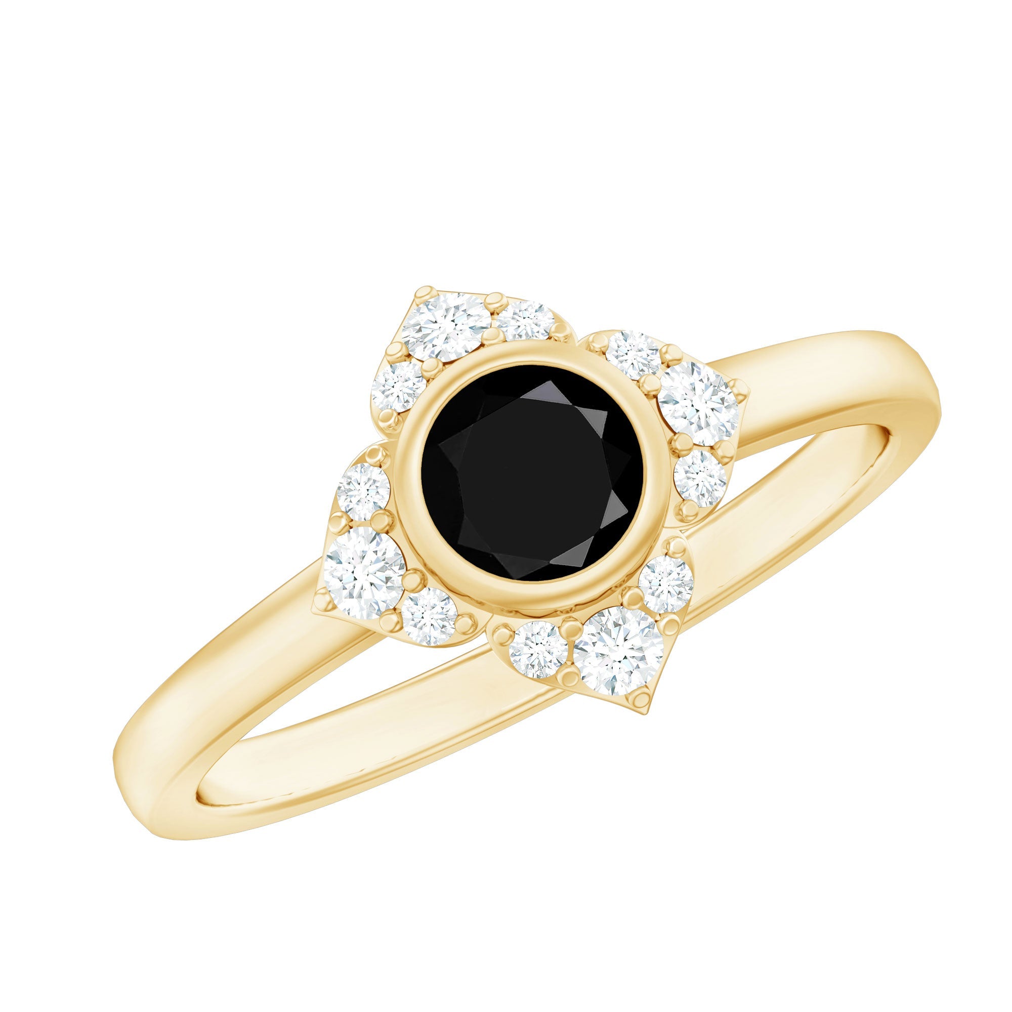 Real Bezel Set Black Spinel Flower Engagement Ring with Diamond | Rings | Wiccan Center