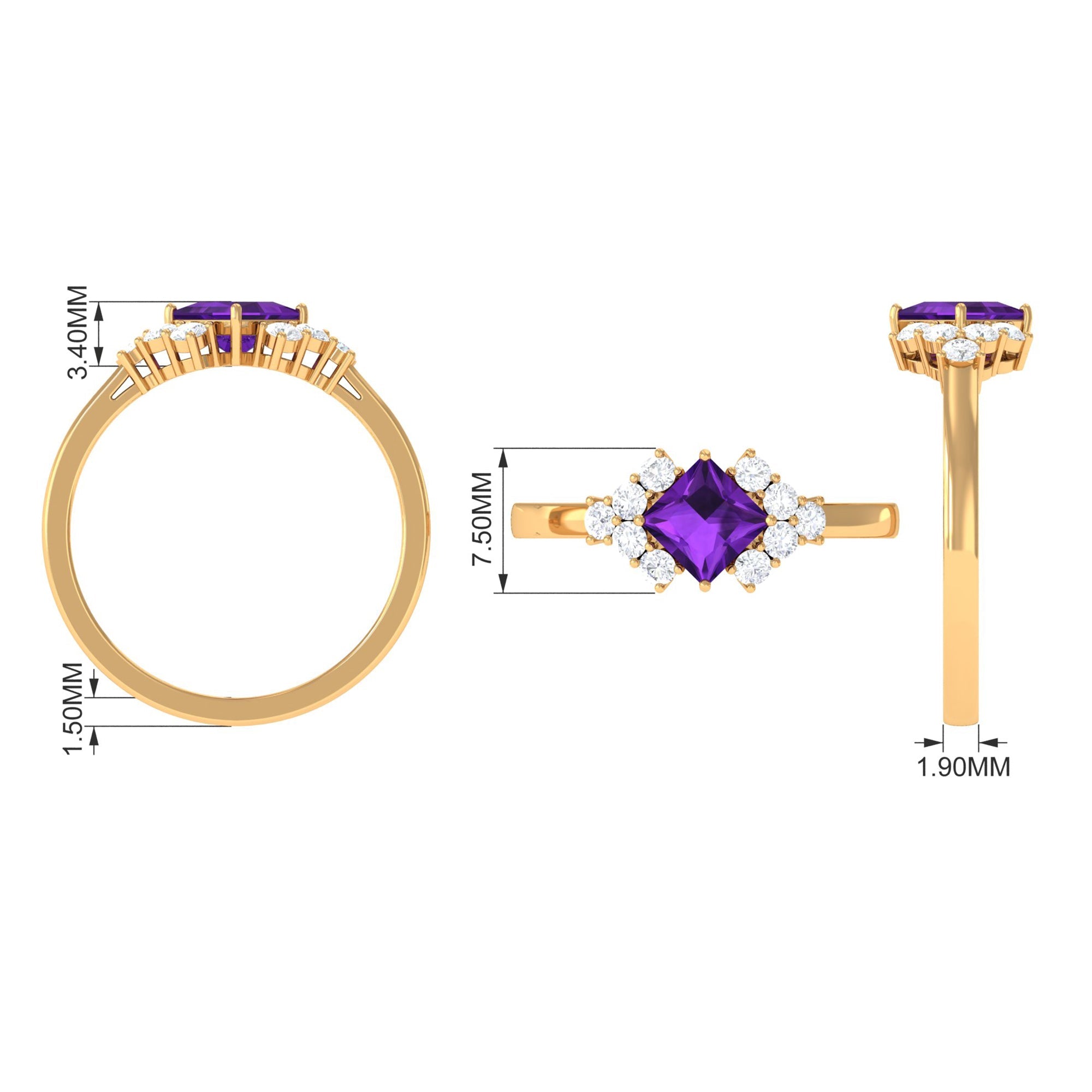Natural 1.2 Carat Amethyst Princess Cut Engagement Ring with Diamond