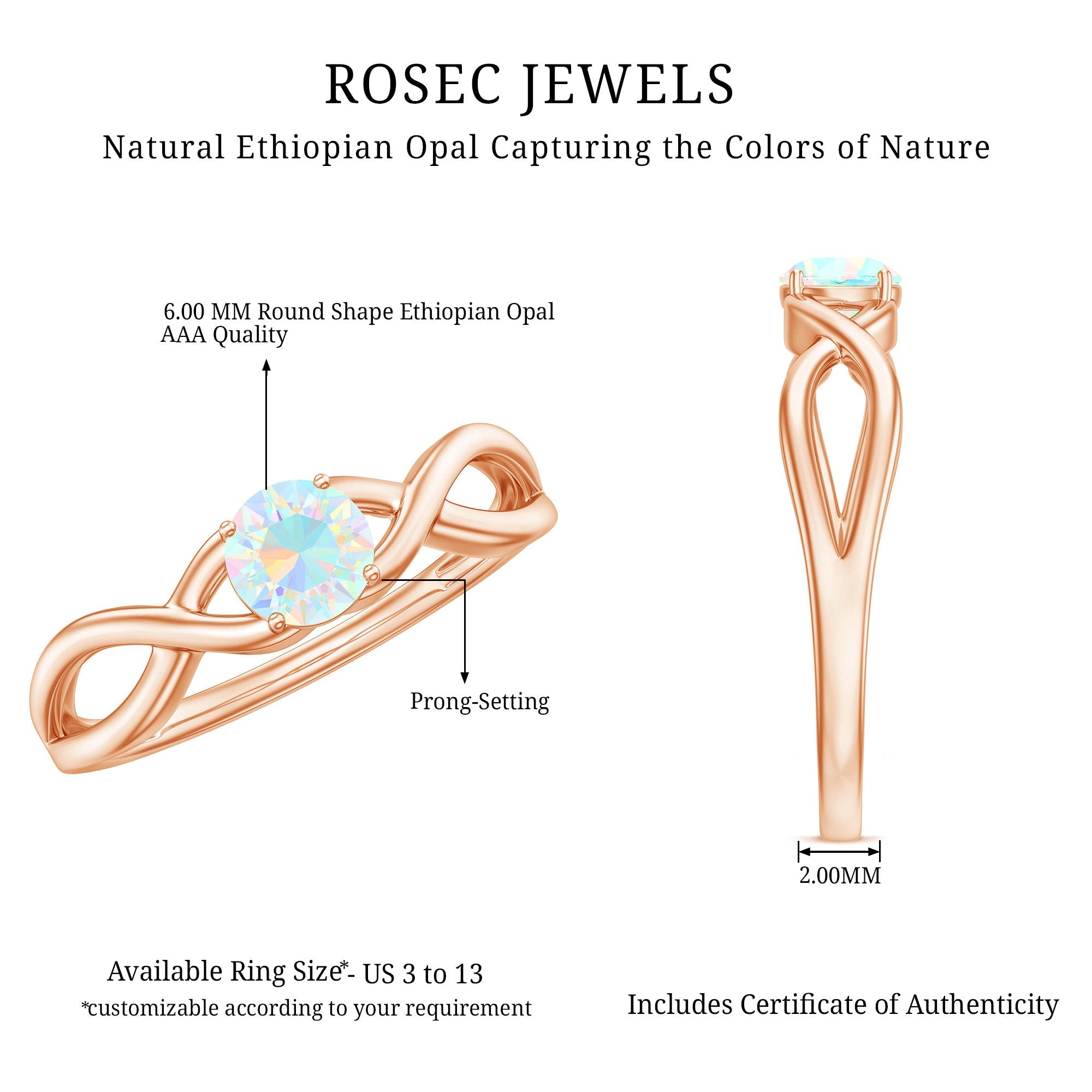 Natural Ethiopian Rainbow Opal Promise Ring with Crossover Shank