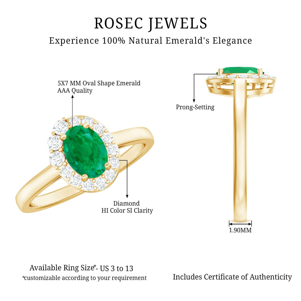 Natural Emerald Oval Engagement Ring with Diamond Halo
