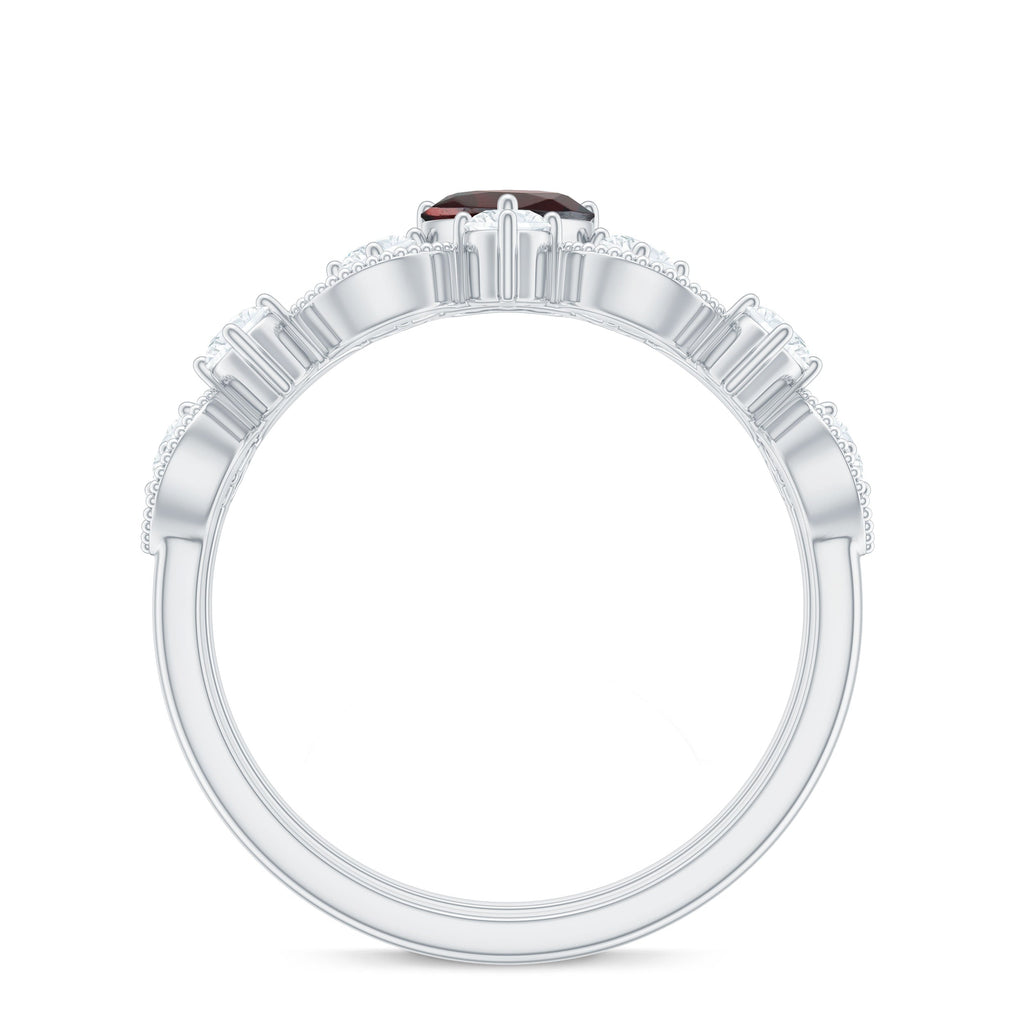 Natural Garnet Diamond Heart Engagement Ring with Wedding Band