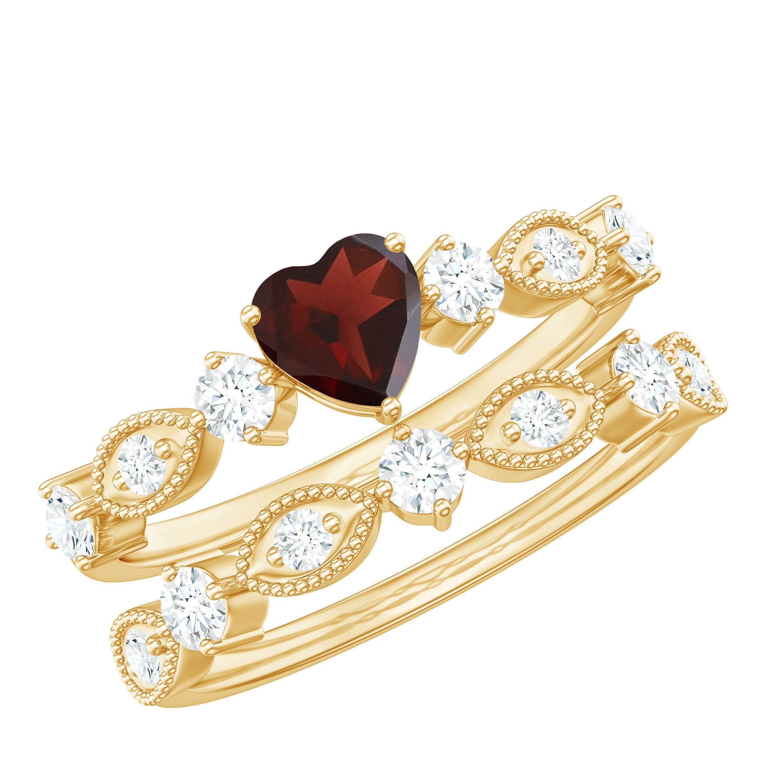 Natural Garnet Diamond Heart Engagement Ring with Wedding Band | Rings | Wiccan Center