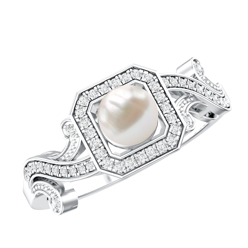 Vintage Inspired 2 Carat Pearl Engagement Ring with Diamond Halo