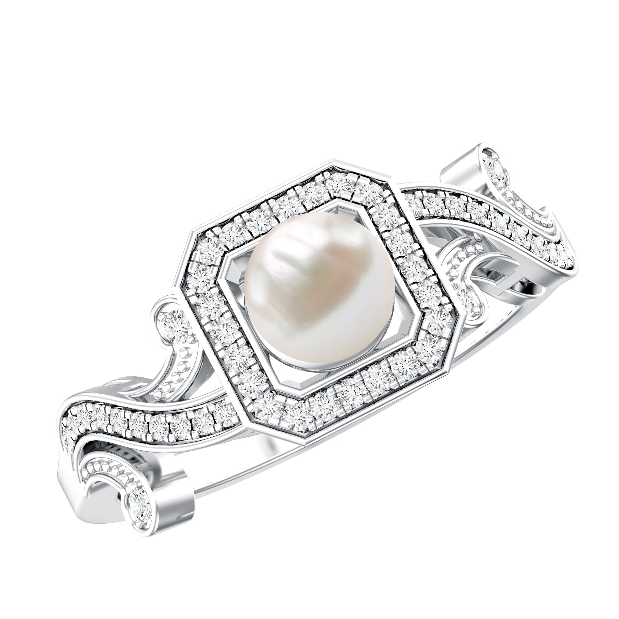 Vintage Inspired 2 Carat Pearl Engagement Ring with Diamond Halo