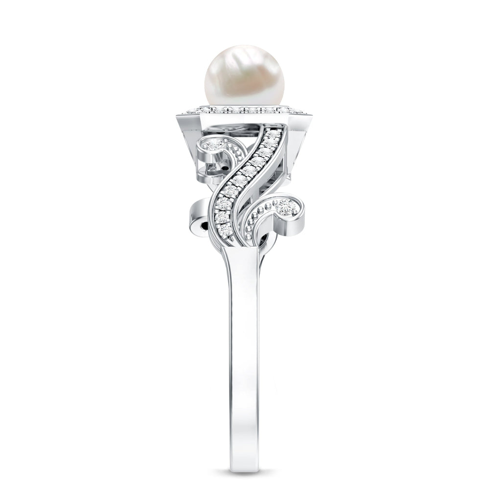 Vintage Inspired 2 Carat Pearl Engagement Ring with Diamond Halo
