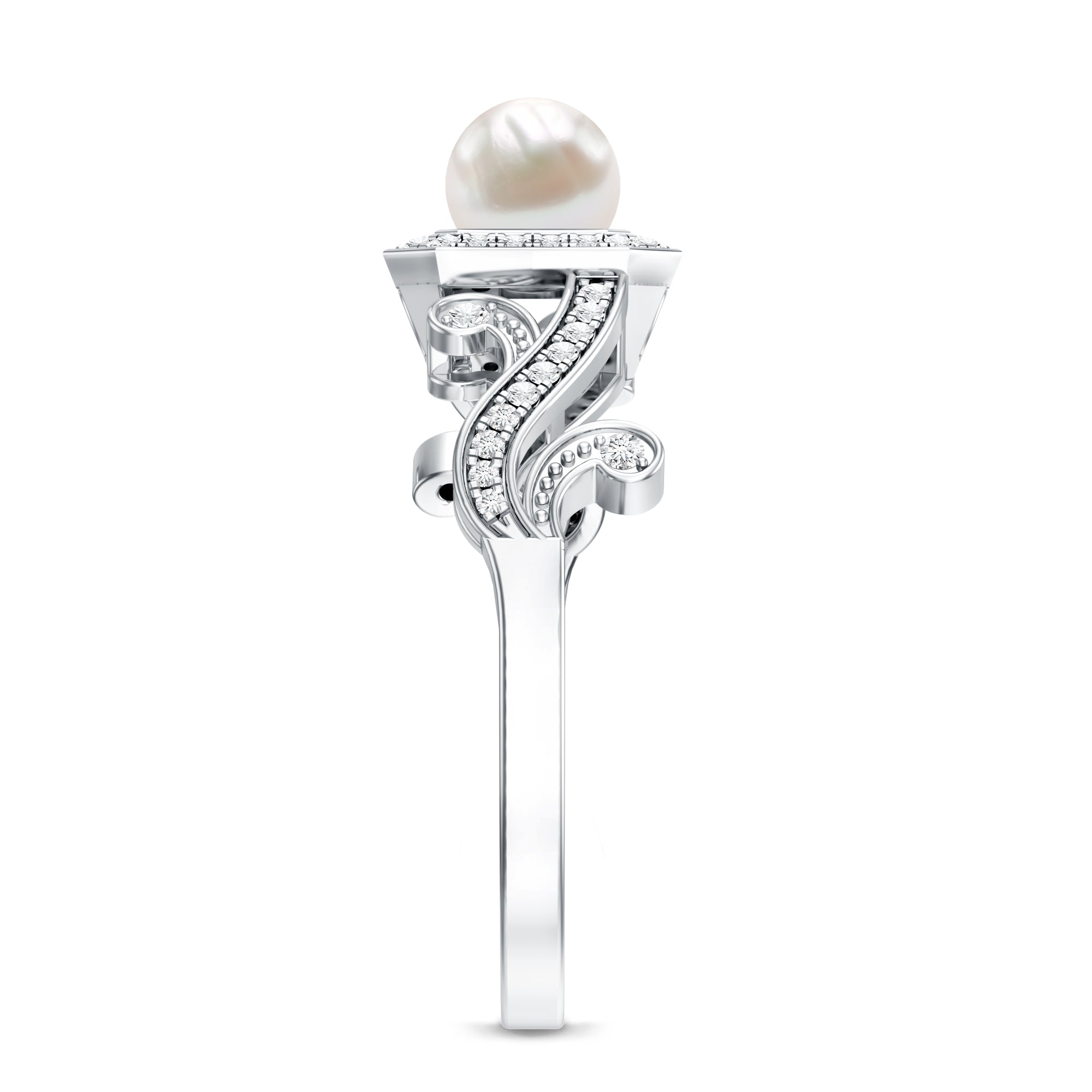 Vintage Inspired 2 Carat Pearl Engagement Ring with Diamond Halo