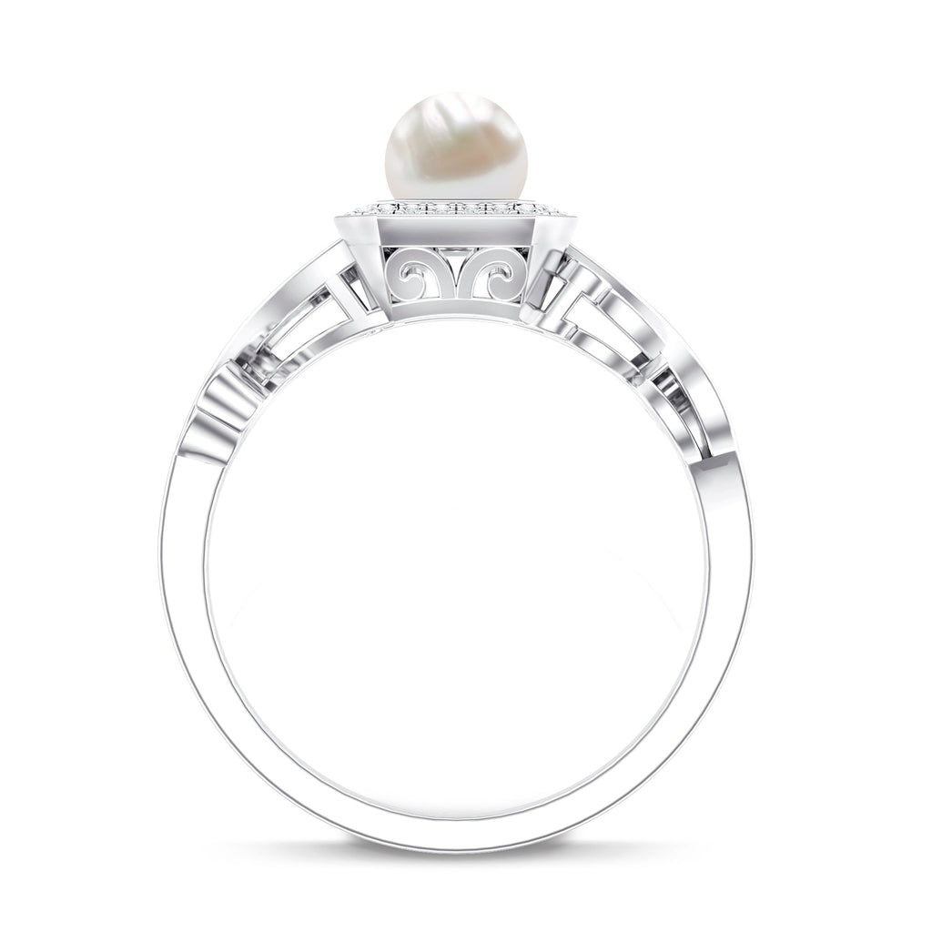 Vintage Inspired 2 Carat Pearl Engagement Ring with Diamond Halo