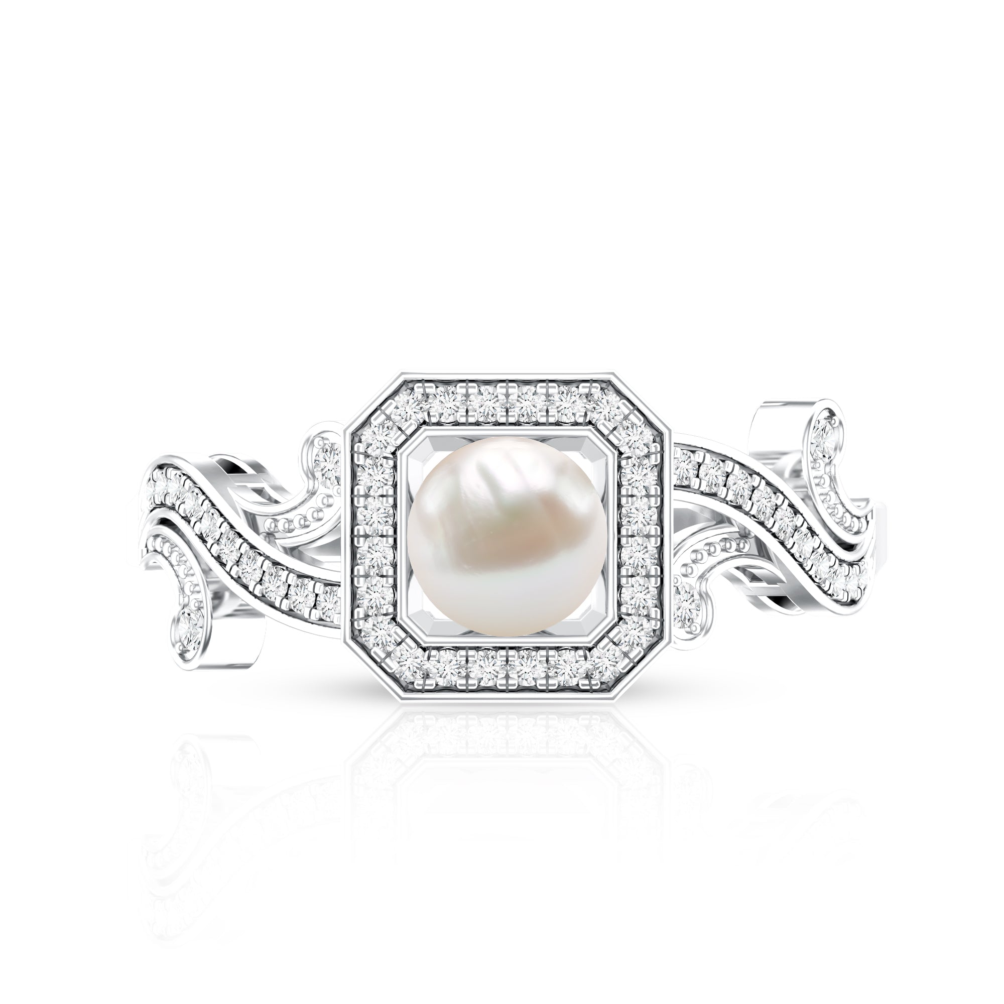 Vintage Inspired 2 Carat Pearl Engagement Ring with Diamond Halo