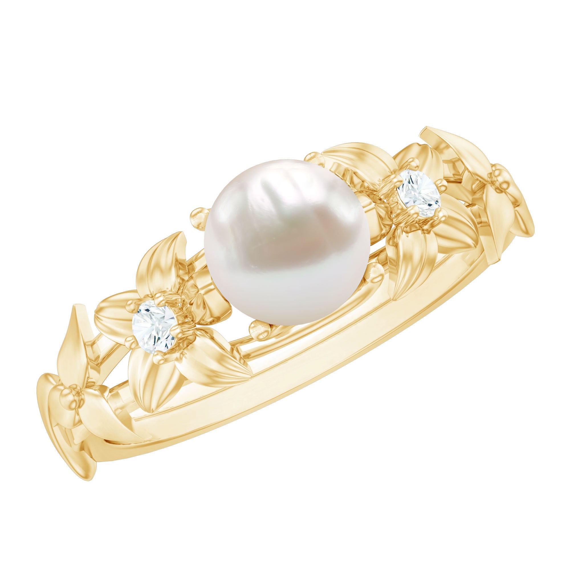 Cultured 2.2 Carat White Pearl Flower Engagement Ring with Diamonds | Rings | Wiccan Center