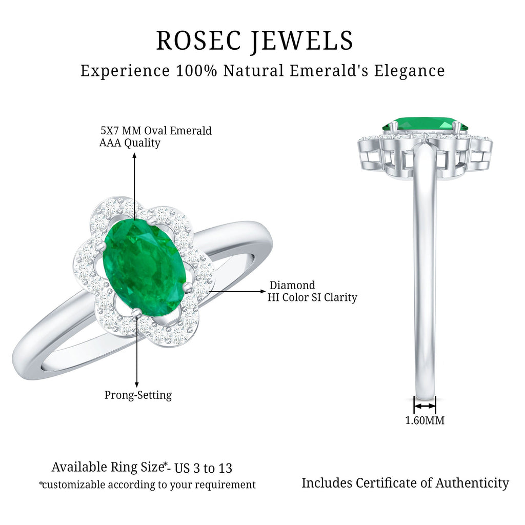 Natural 0.7 Carat Oval Emerald Engagement Ring with Diamond