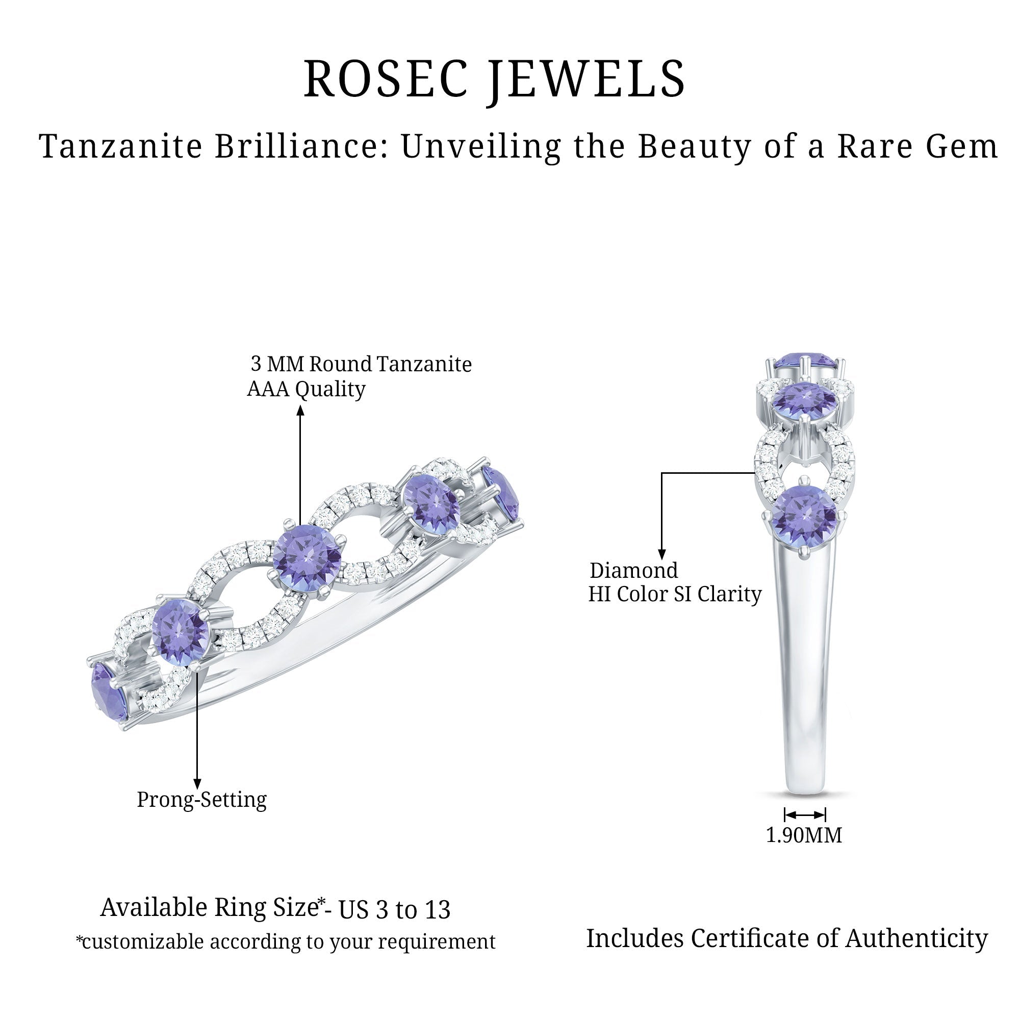 Real Tanzanite Diamond Half Eternity Ring for Women