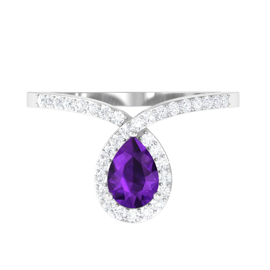Designer 1 Carat Pear Shape Amethyst Chevron Engagement Ring with Diamond