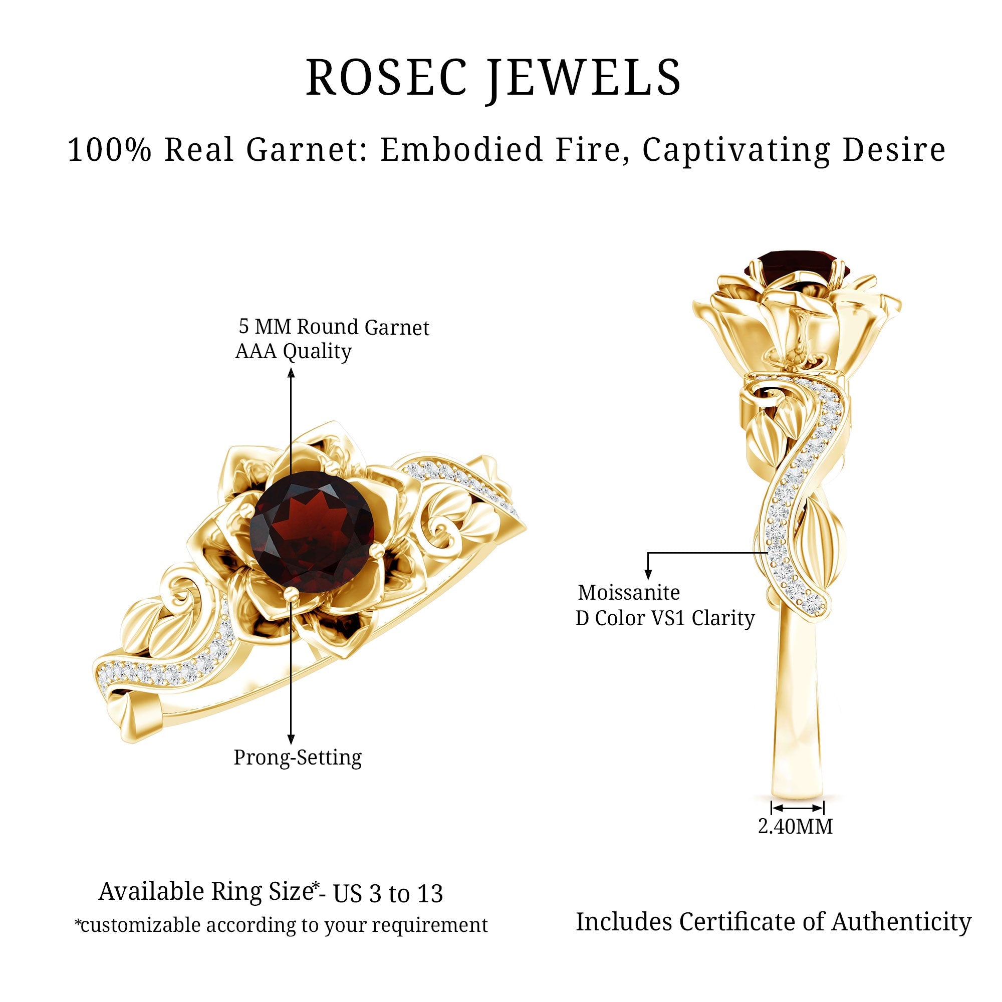 Real Garnet Vintage Engagement Ring in 14K Yellow Gold Plated Silver | Rings | Wiccan Center