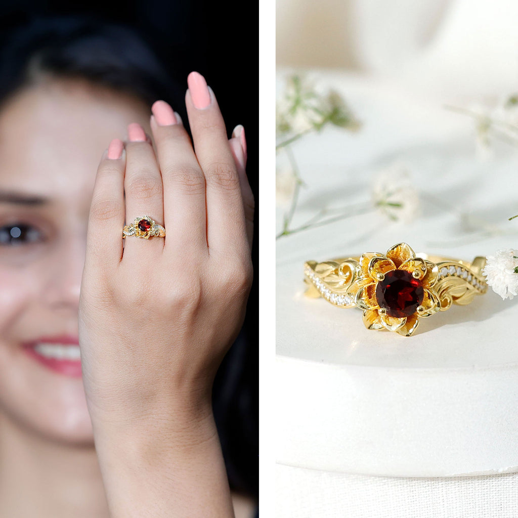 Real Garnet Vintage Engagement Ring in 14K Yellow Gold Plated Silver | Rings | Wiccan Center