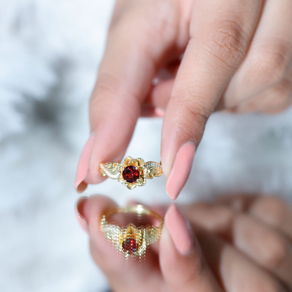 Real Garnet Vintage Engagement Ring in 14K Yellow Gold Plated Silver | Rings | Wiccan Center