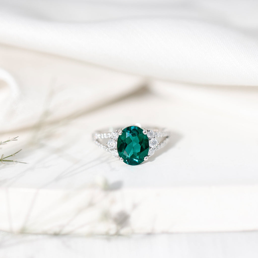 Certified 3 Carat Oval Lab Grown Emerald Split Shank Engagement Ring