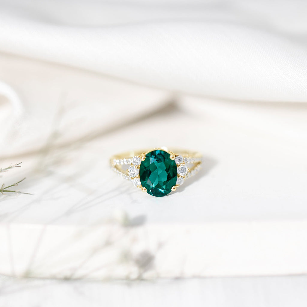 Certified 3 Carat Oval Lab Grown Emerald Split Shank Engagement Ring
