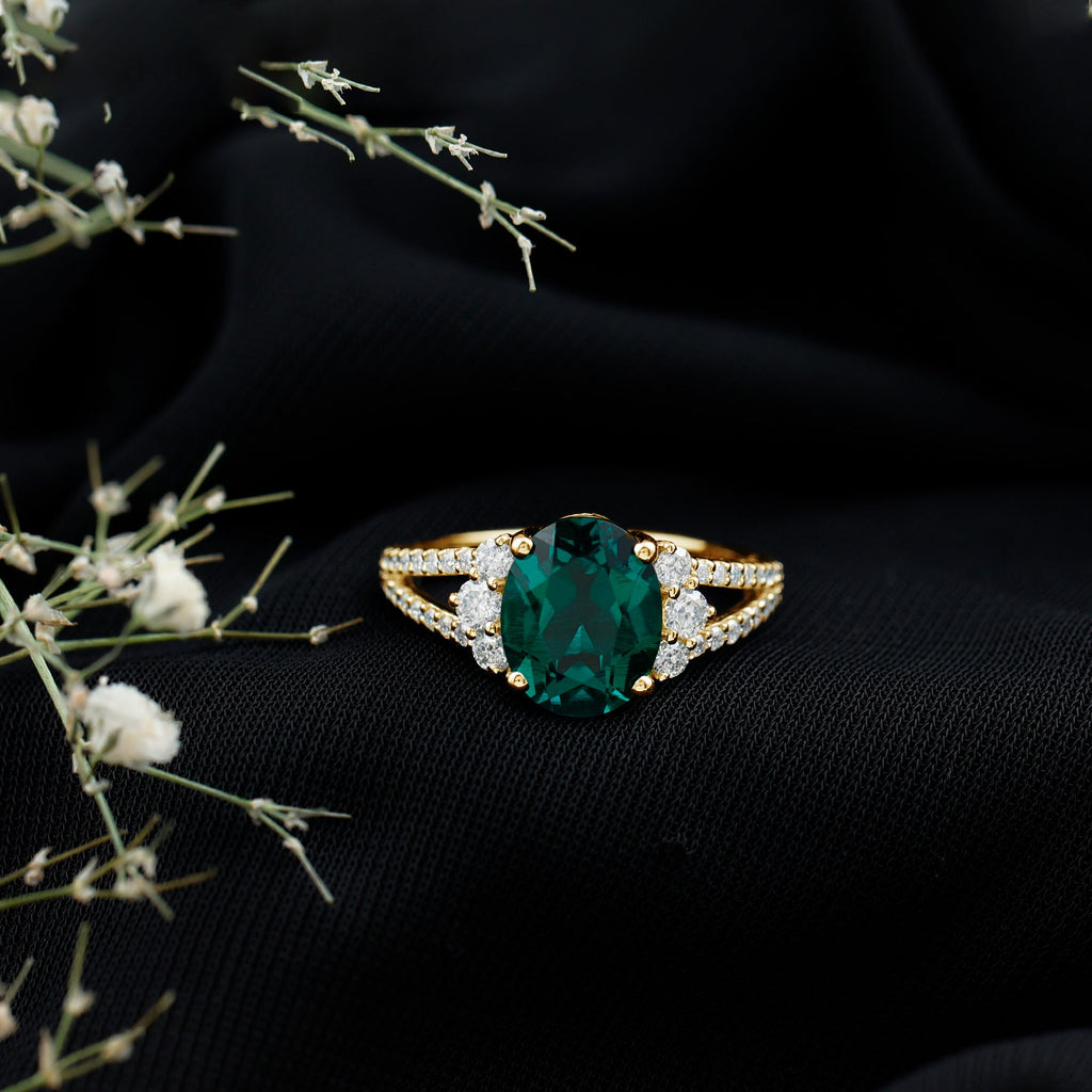 Certified 3 Carat Oval Lab Grown Emerald Split Shank Engagement Ring