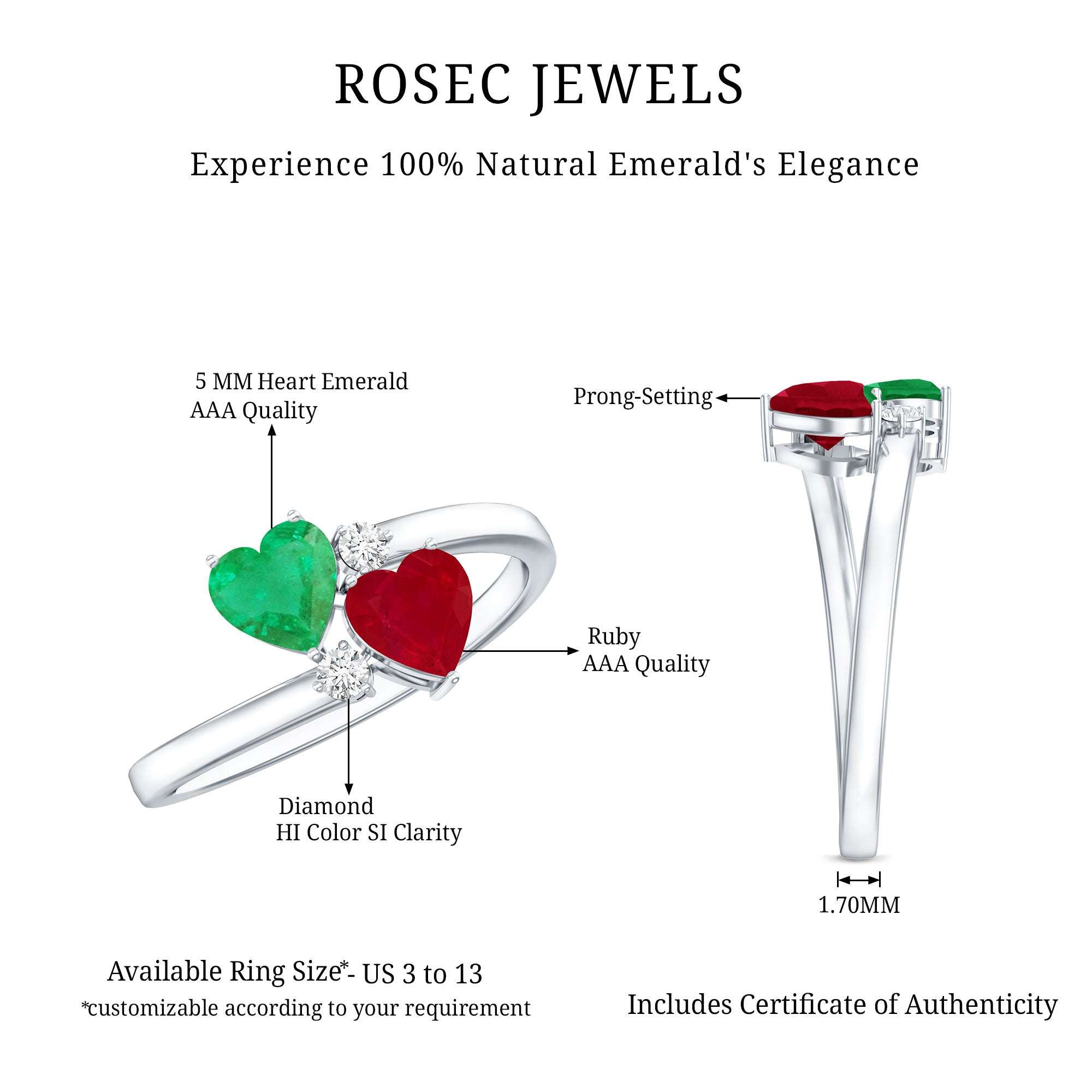Heart Shaped Ruby Emerald Two Stone Engagement Ring