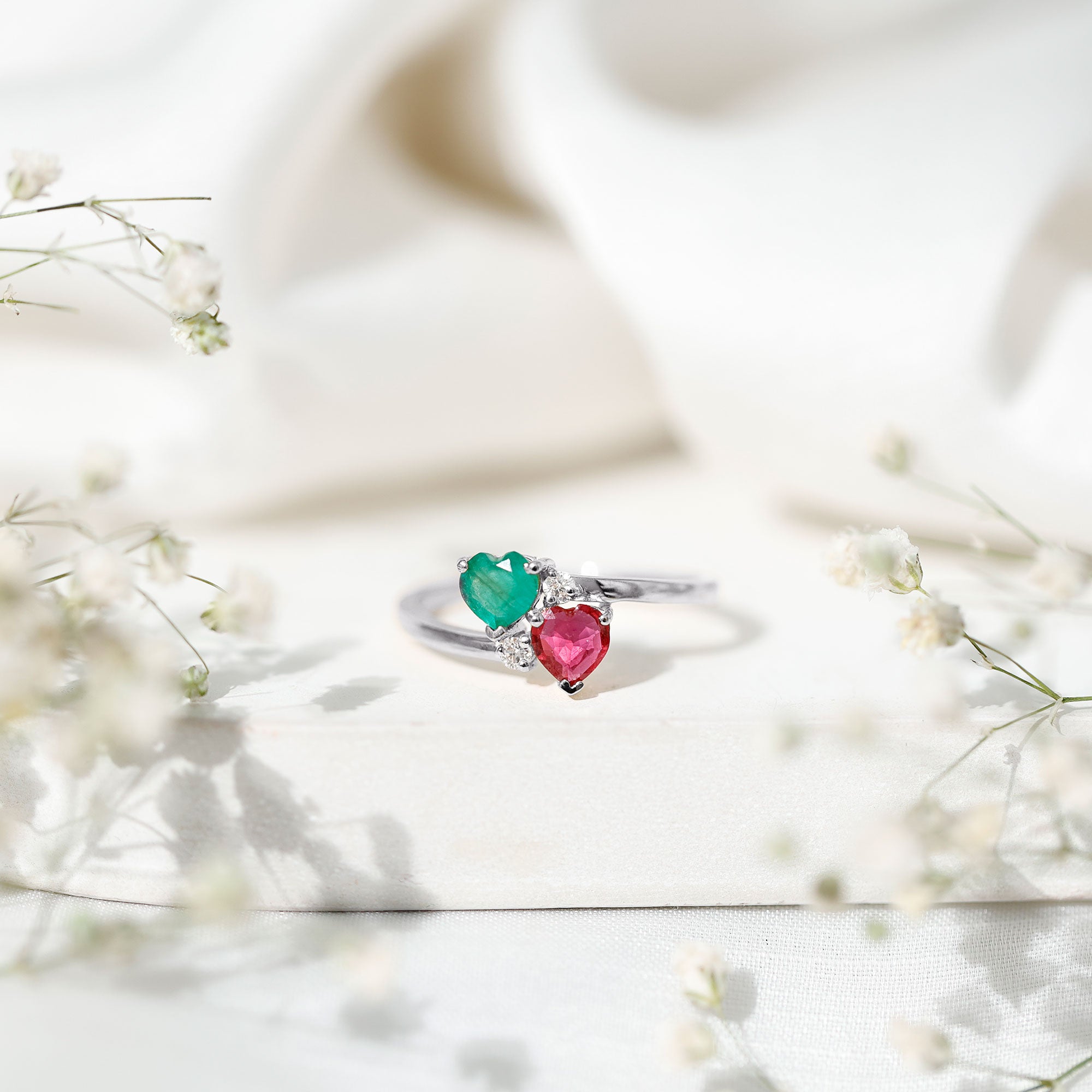 Heart Shaped Ruby Emerald Two Stone Engagement Ring