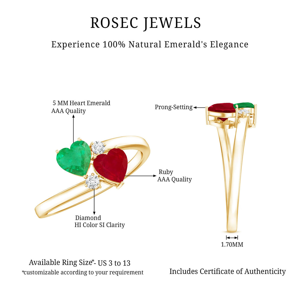 Heart Shaped Ruby Emerald Two Stone Engagement Ring