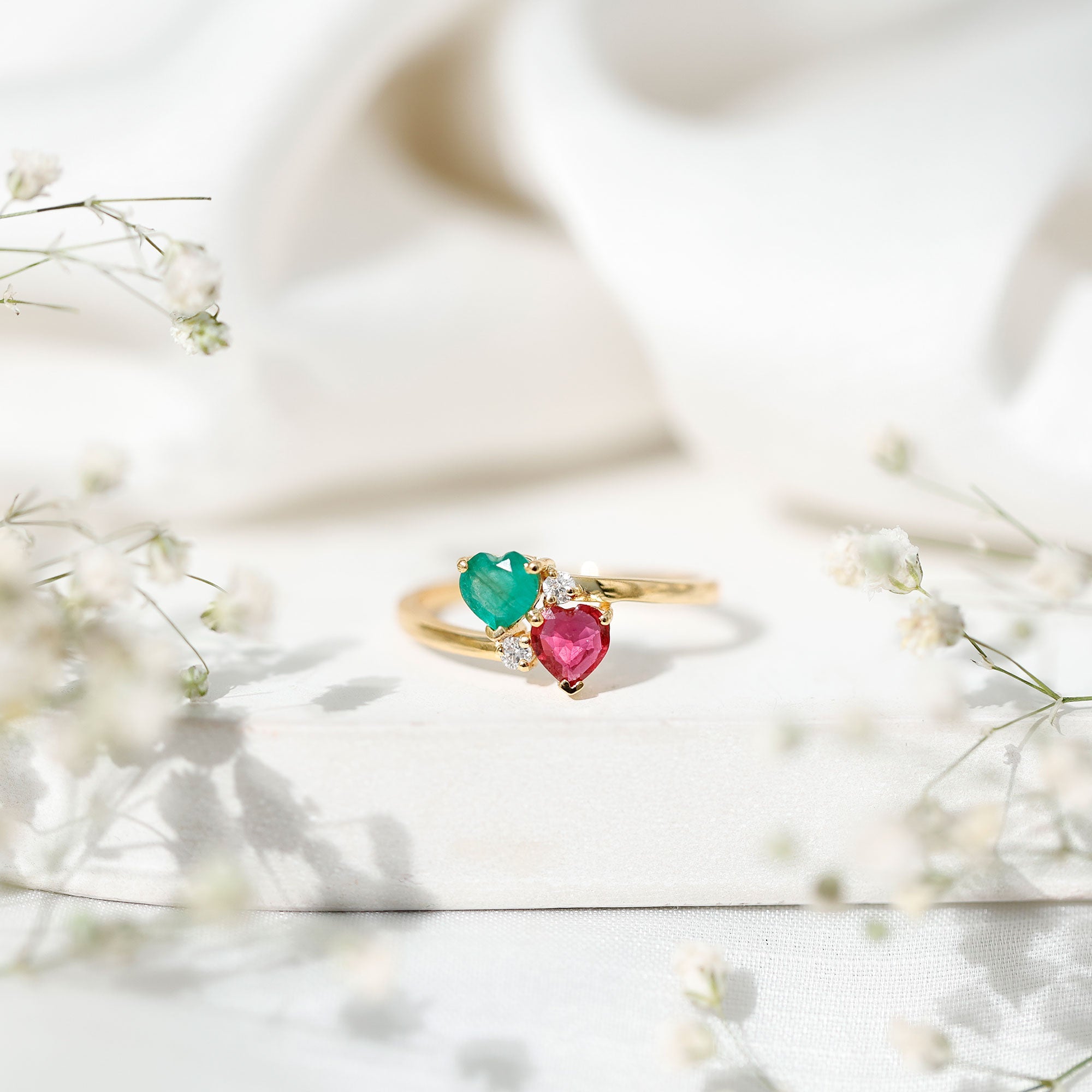 Heart Shaped Ruby Emerald Two Stone Engagement Ring
