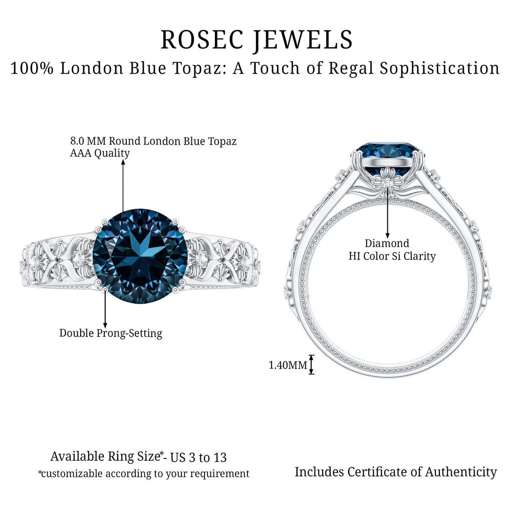 2 Carat Round London Blue Topaz Vintage Engagement Ring with Certificate