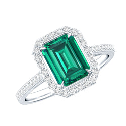 1.6 Carat Emerald Cut Lab Created Emerald Engagement Ring With Moissanite Halo | Rings | Wiccan Center