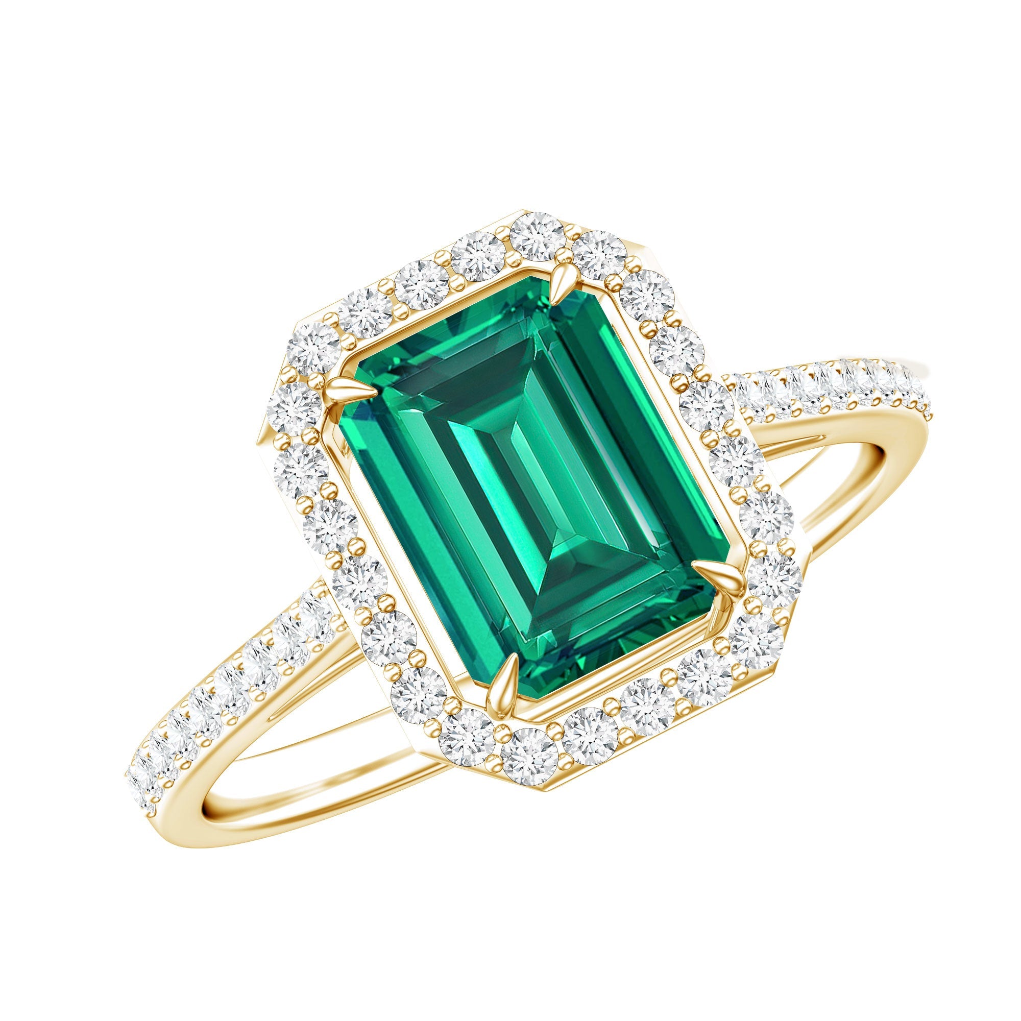 1.6 Carat Emerald Cut Lab Created Emerald Engagement Ring With Moissanite Halo | Rings | Wiccan Center