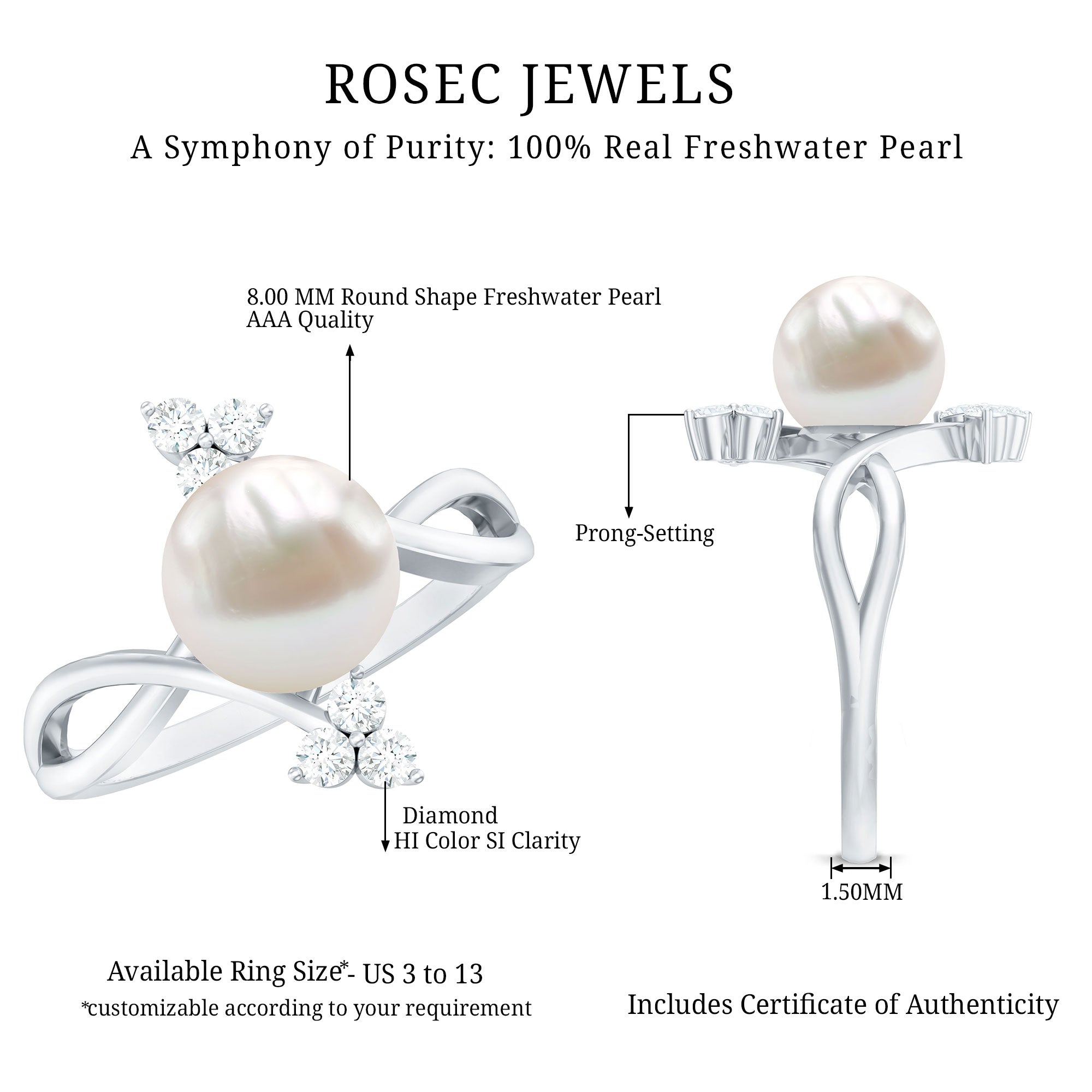 Cultured 7.48 Carat White Pearl Bypass Engagement Ring with Diamond